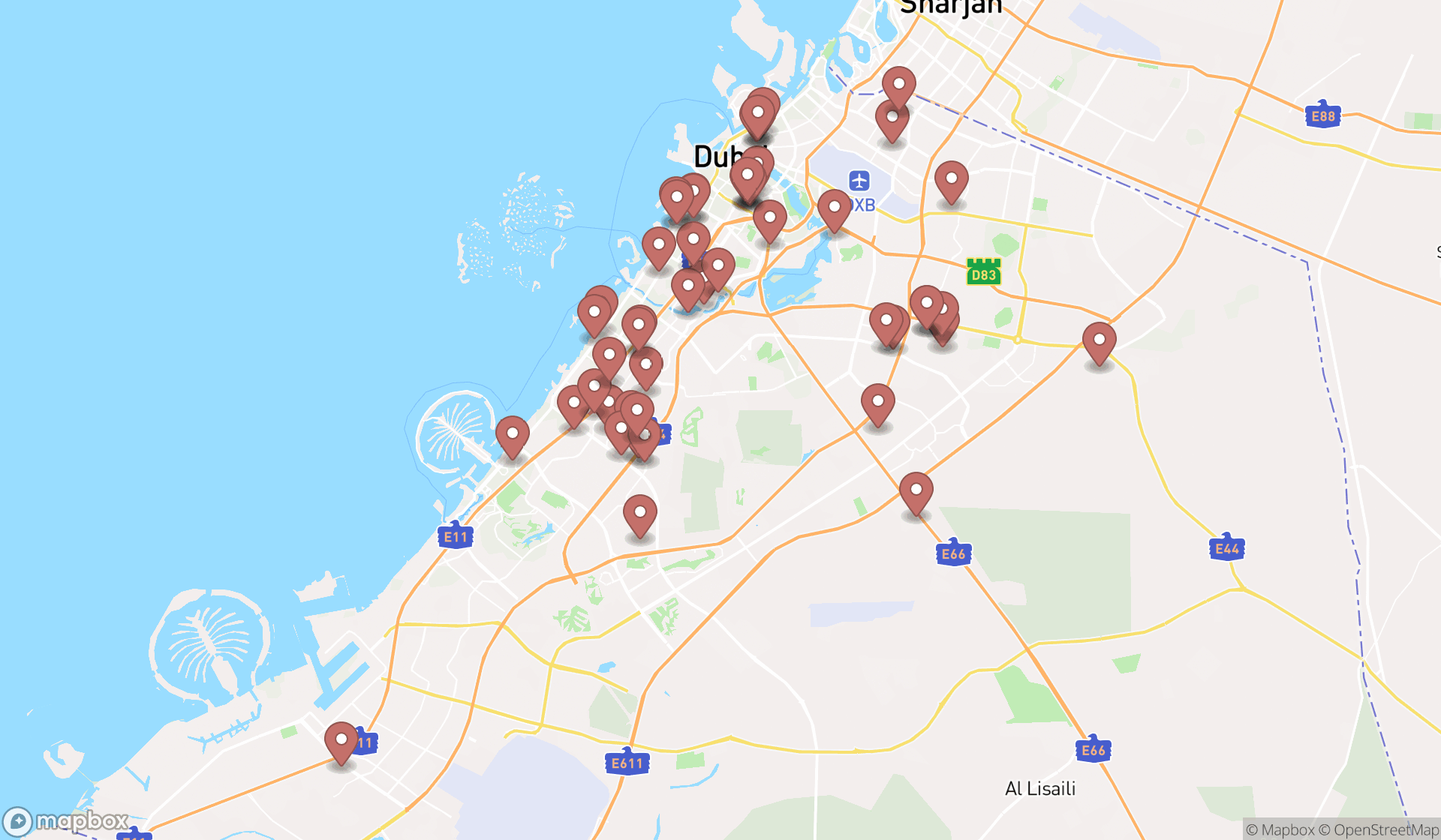 Map showing the search results in Dubai