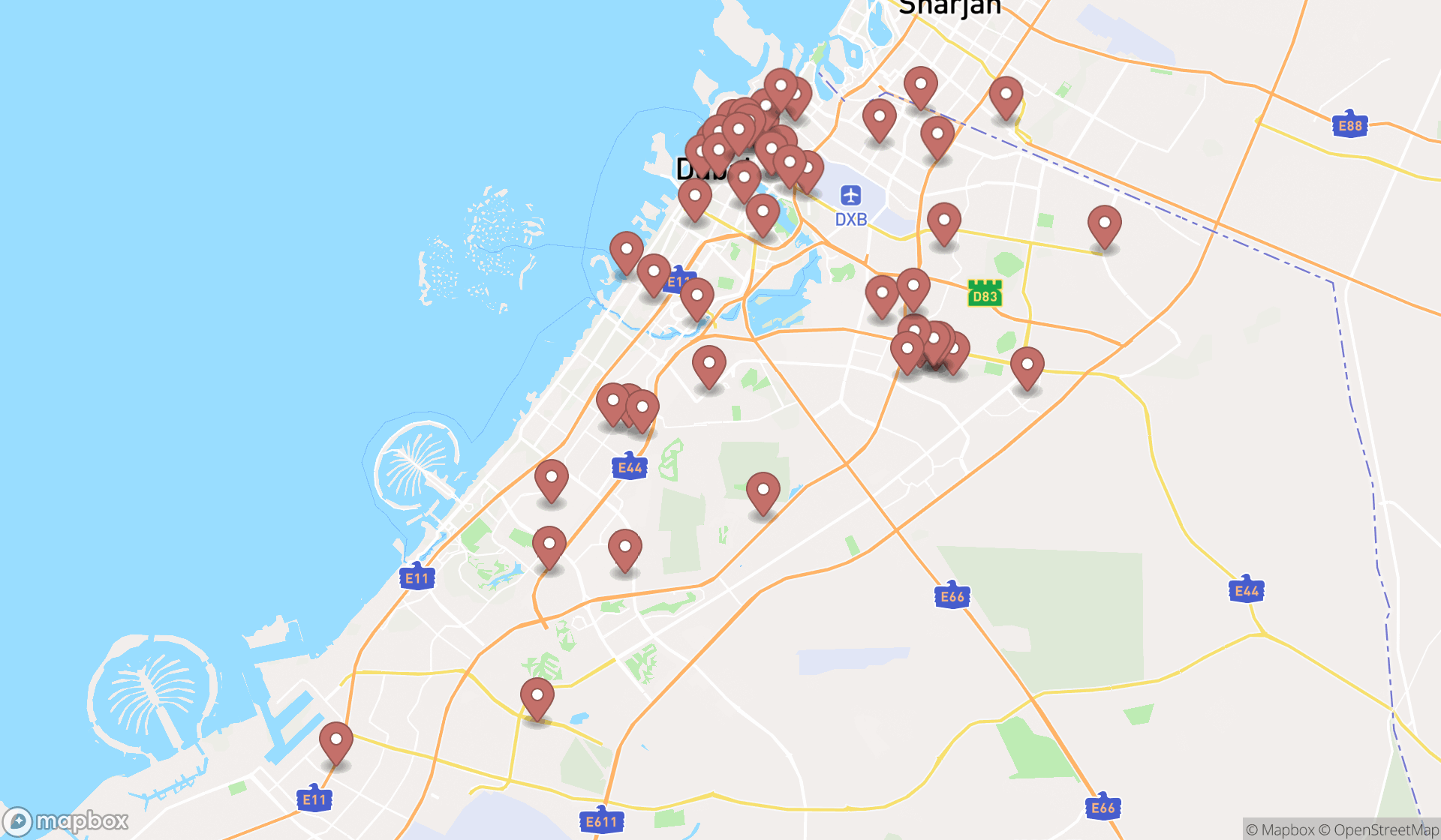 Map showing the search results in Dubai