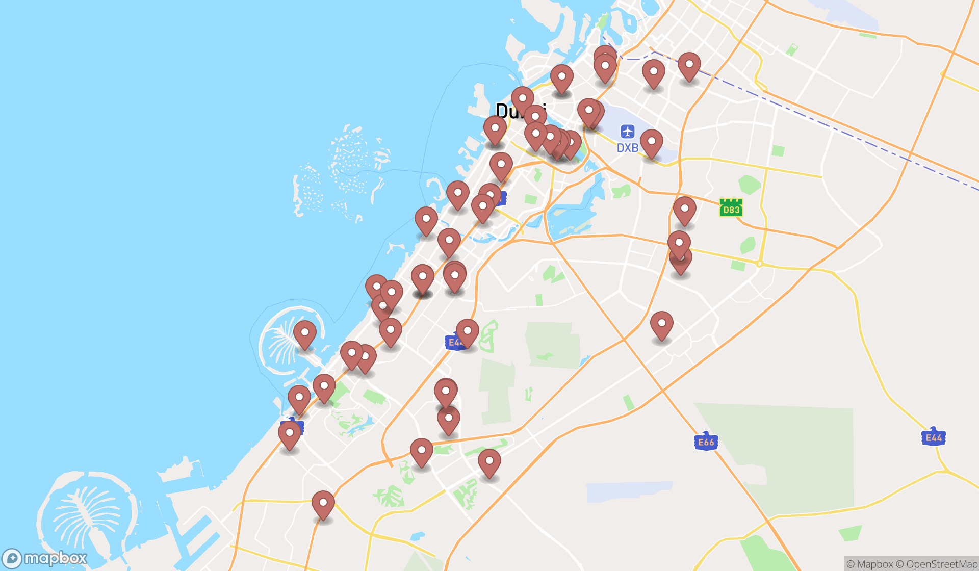 Map showing the search results in Dubai