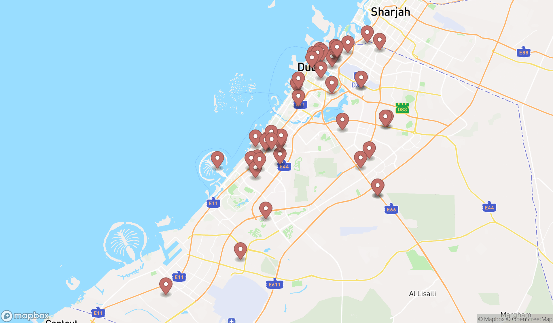 Map showing the search results in Dubai