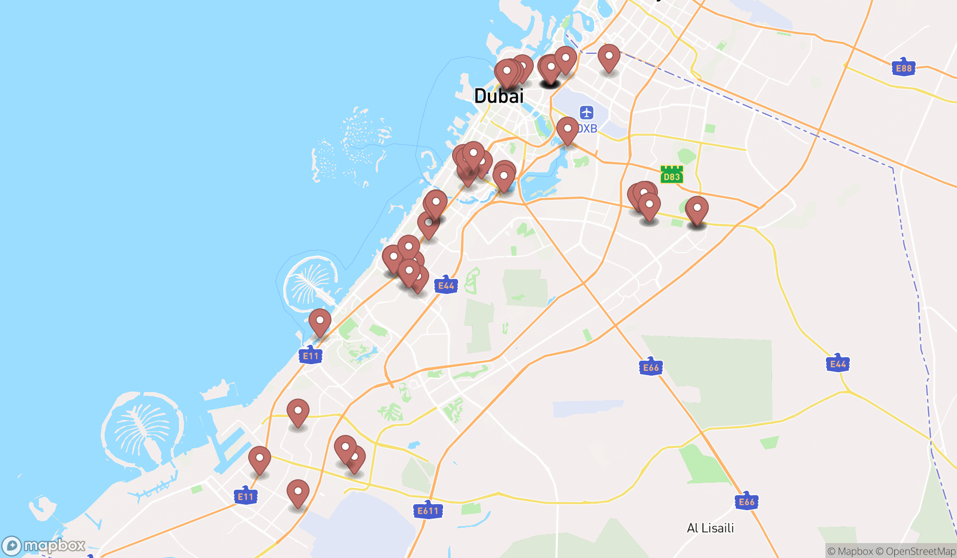 Map showing the search results in Dubai