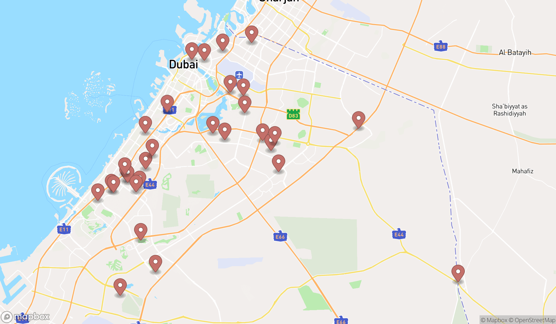 Map showing the search results in Dubai