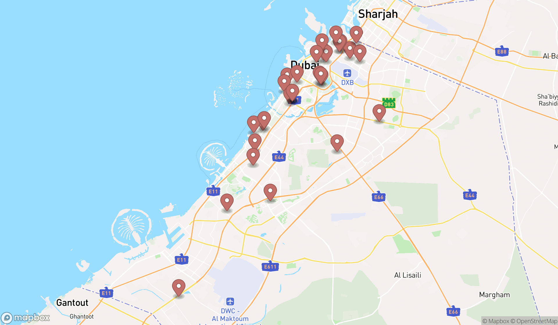 Map showing the search results in Dubai