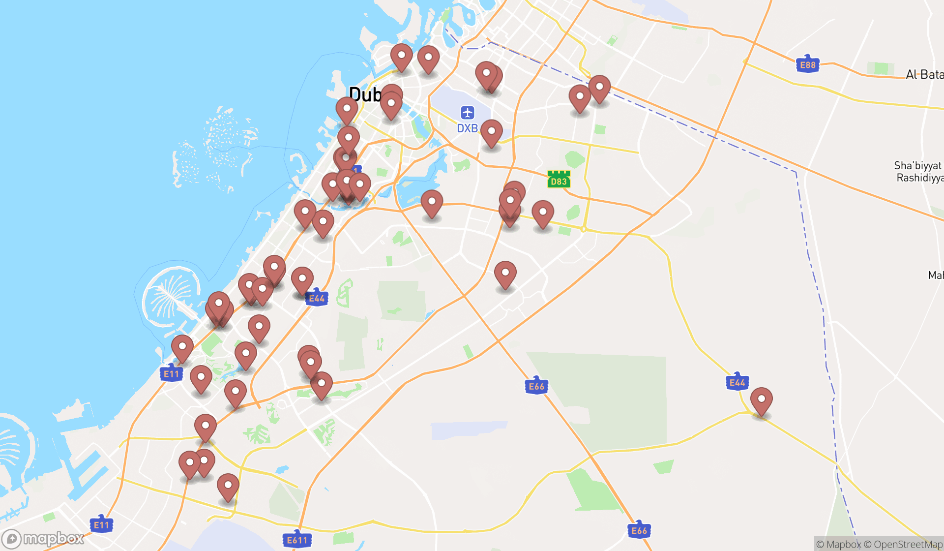 Map showing the search results in Dubai