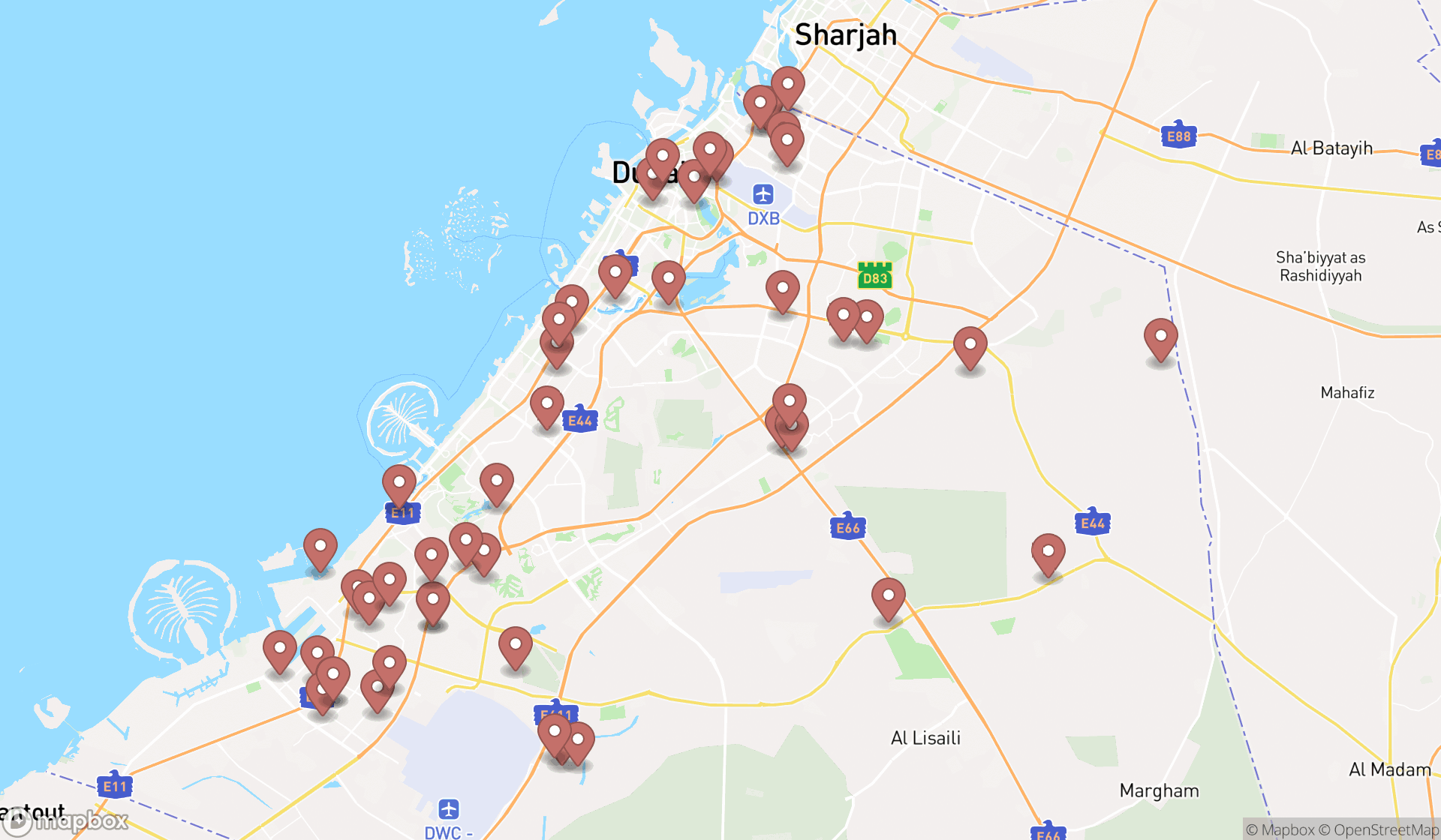 Map showing the search results in Dubai