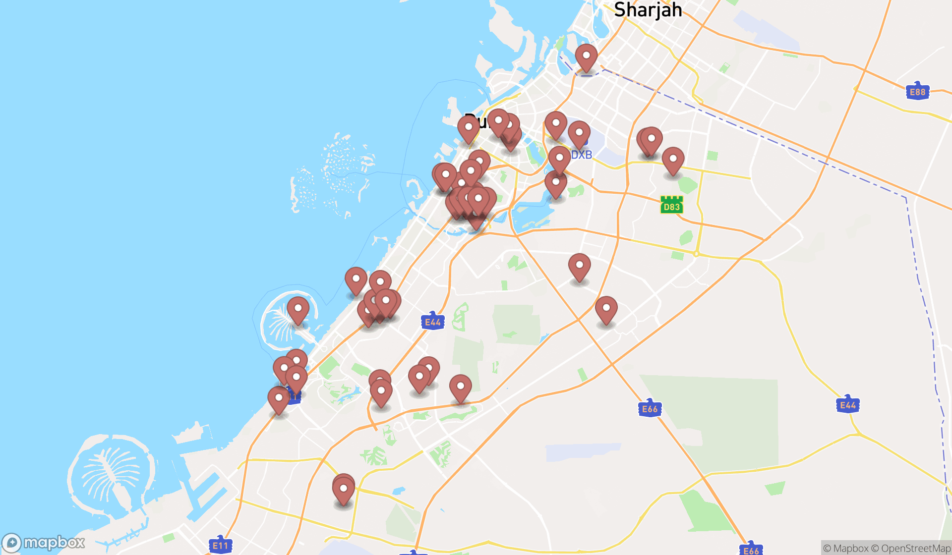 Map showing the search results in Dubai