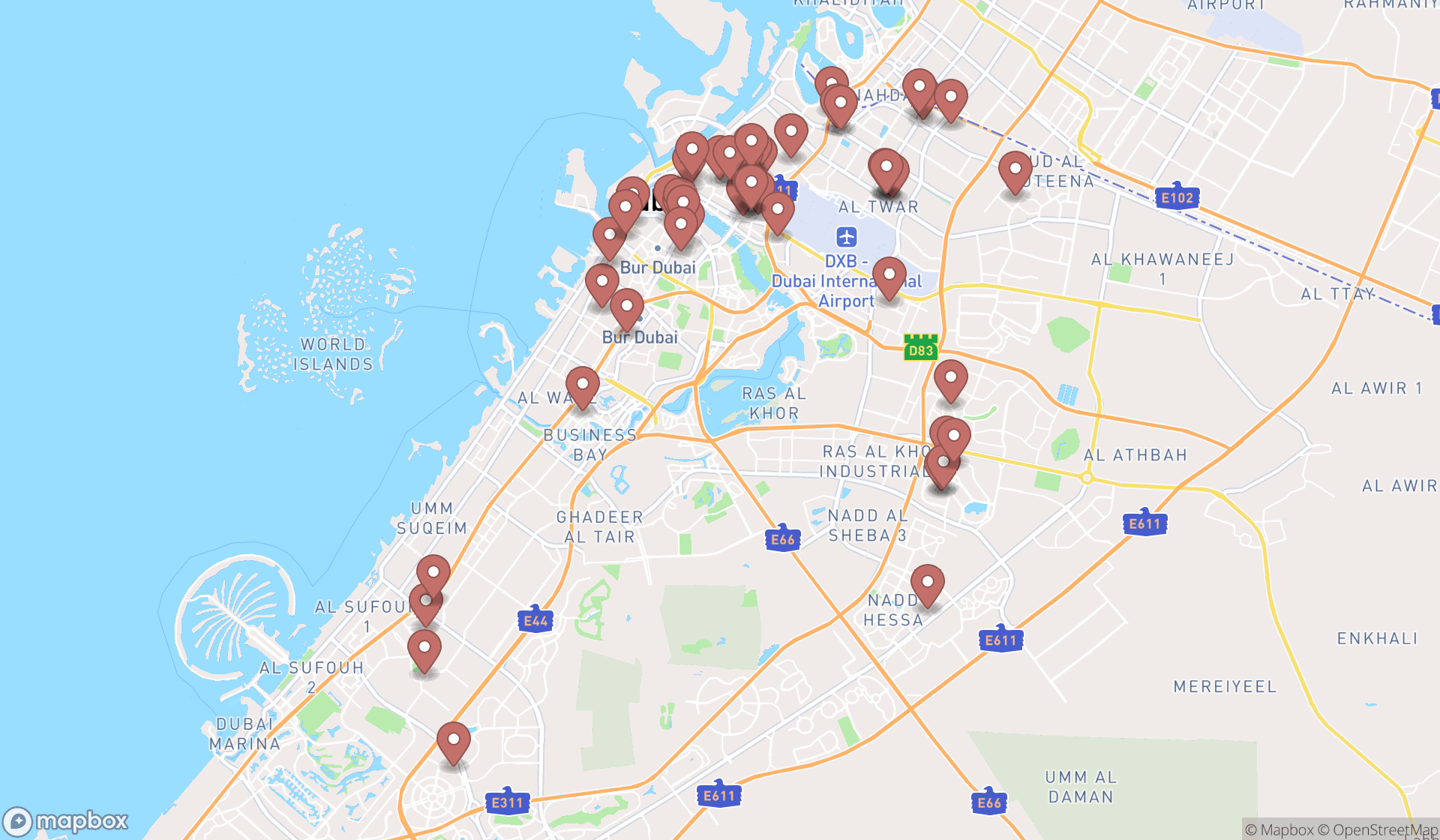 Map showing the search results in Dubai