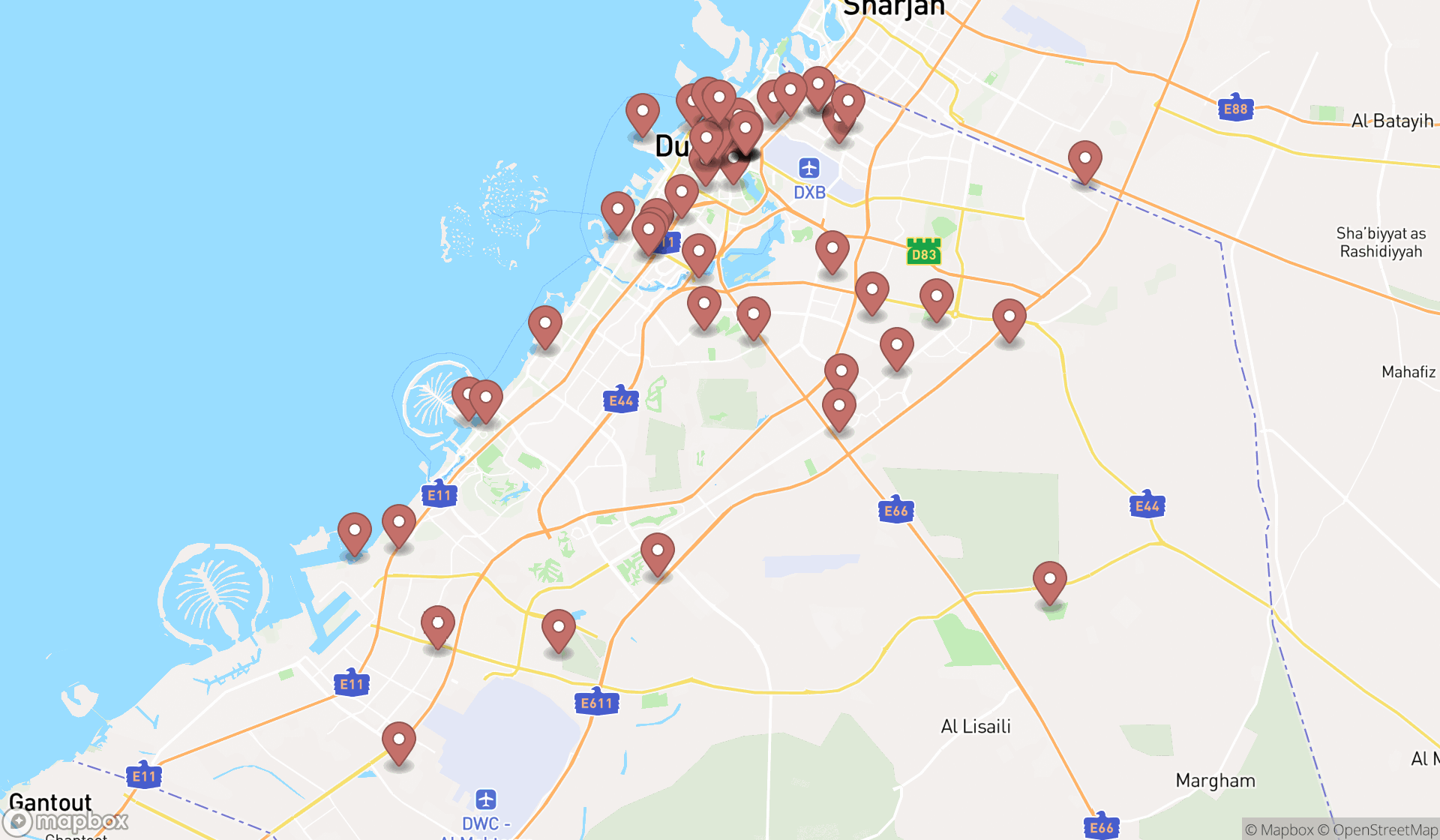 Map showing the search results in Dubai