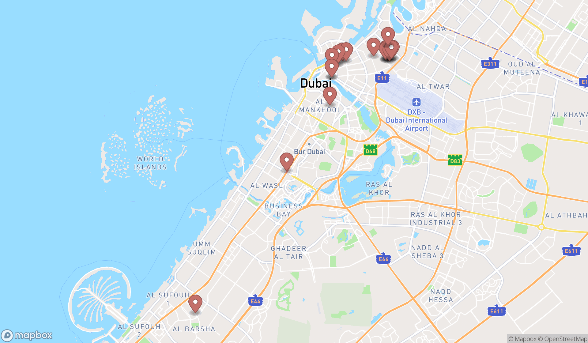 Map showing the search results in Dubai
