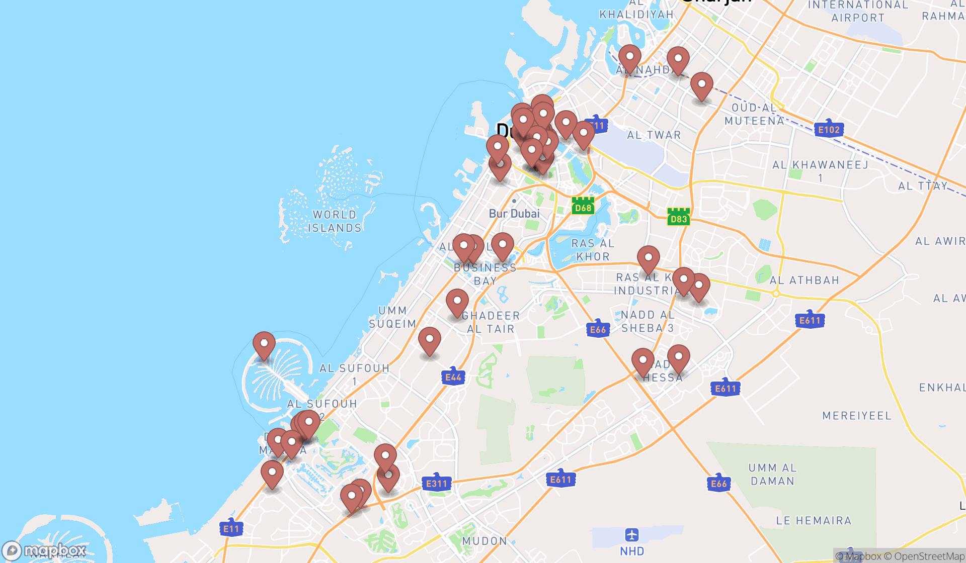 Map showing the search results in Dubai