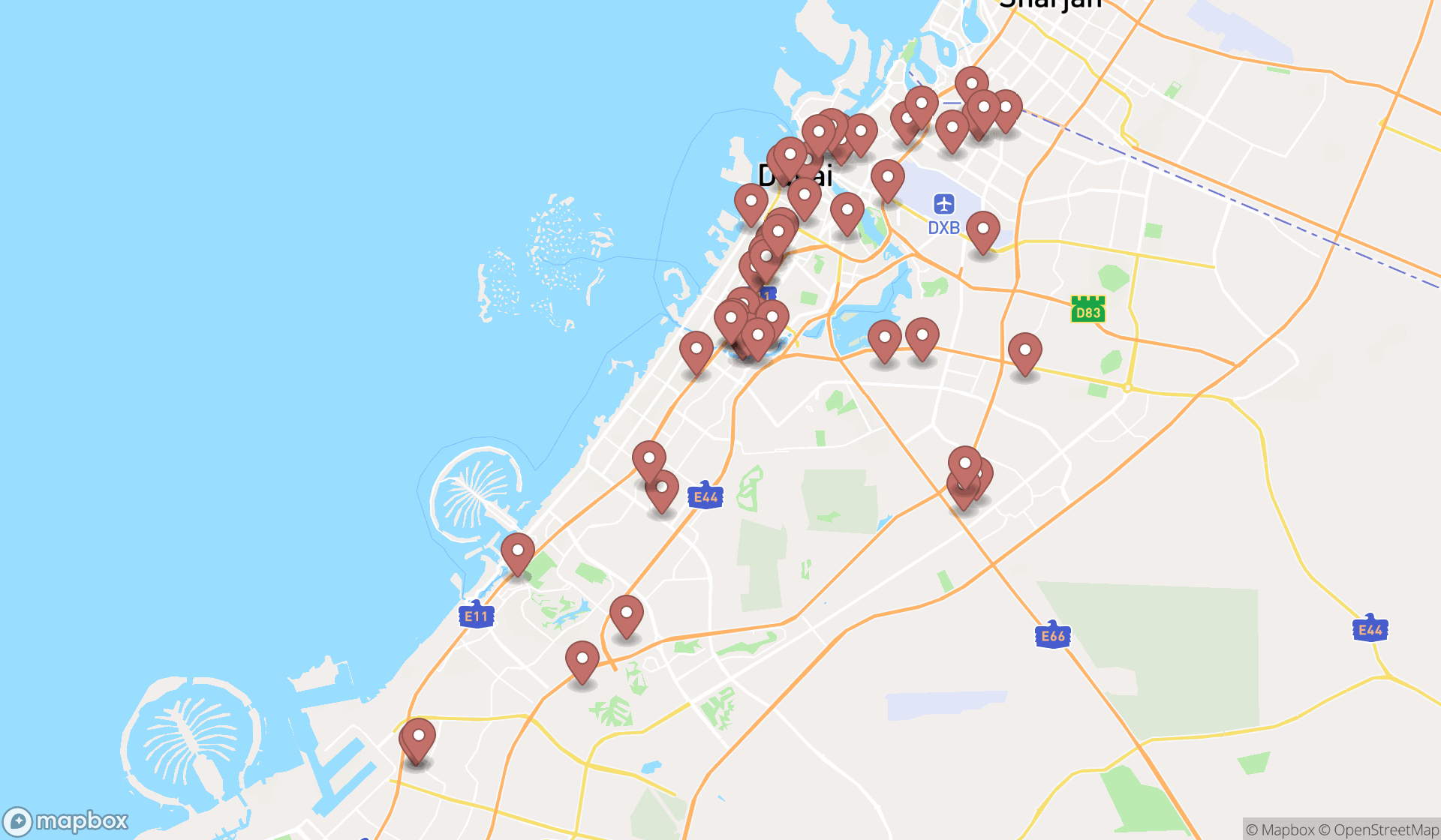 Map showing the search results in Dubai
