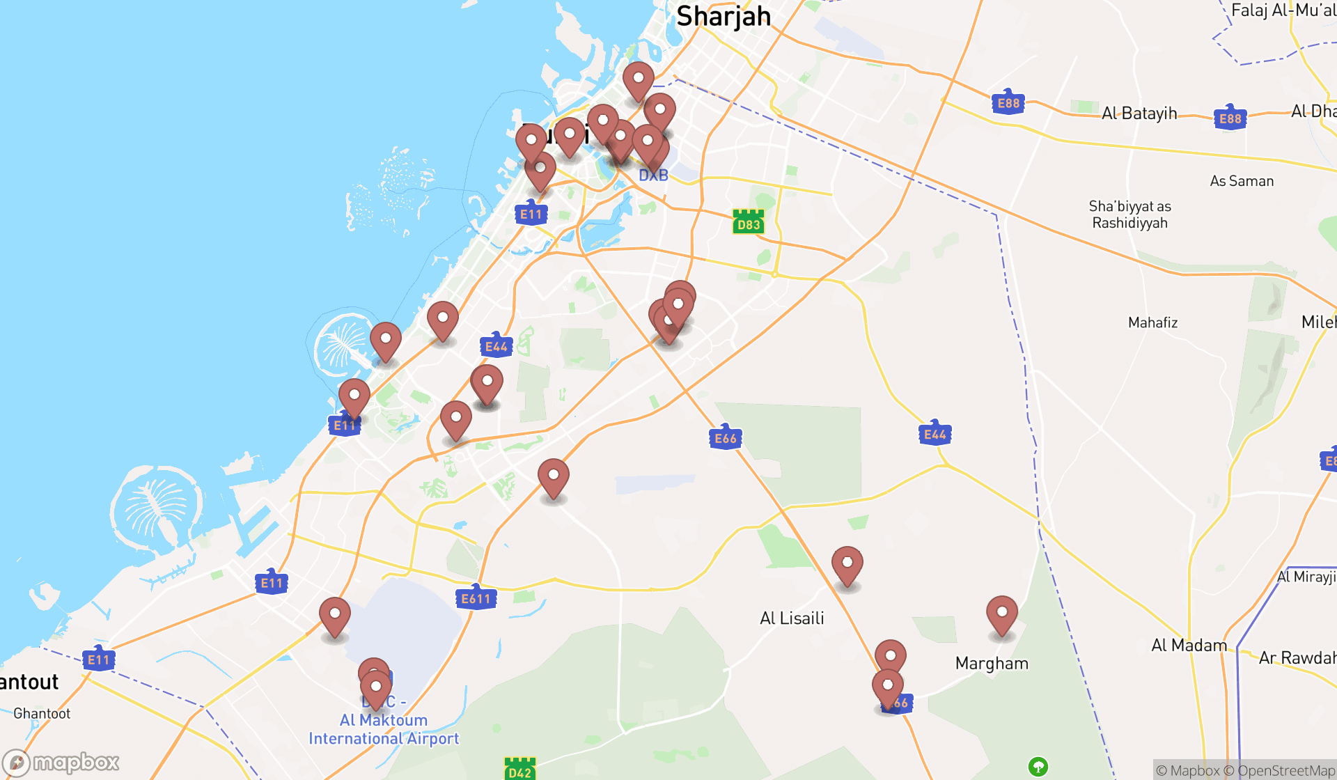 Map showing the search results in Dubai
