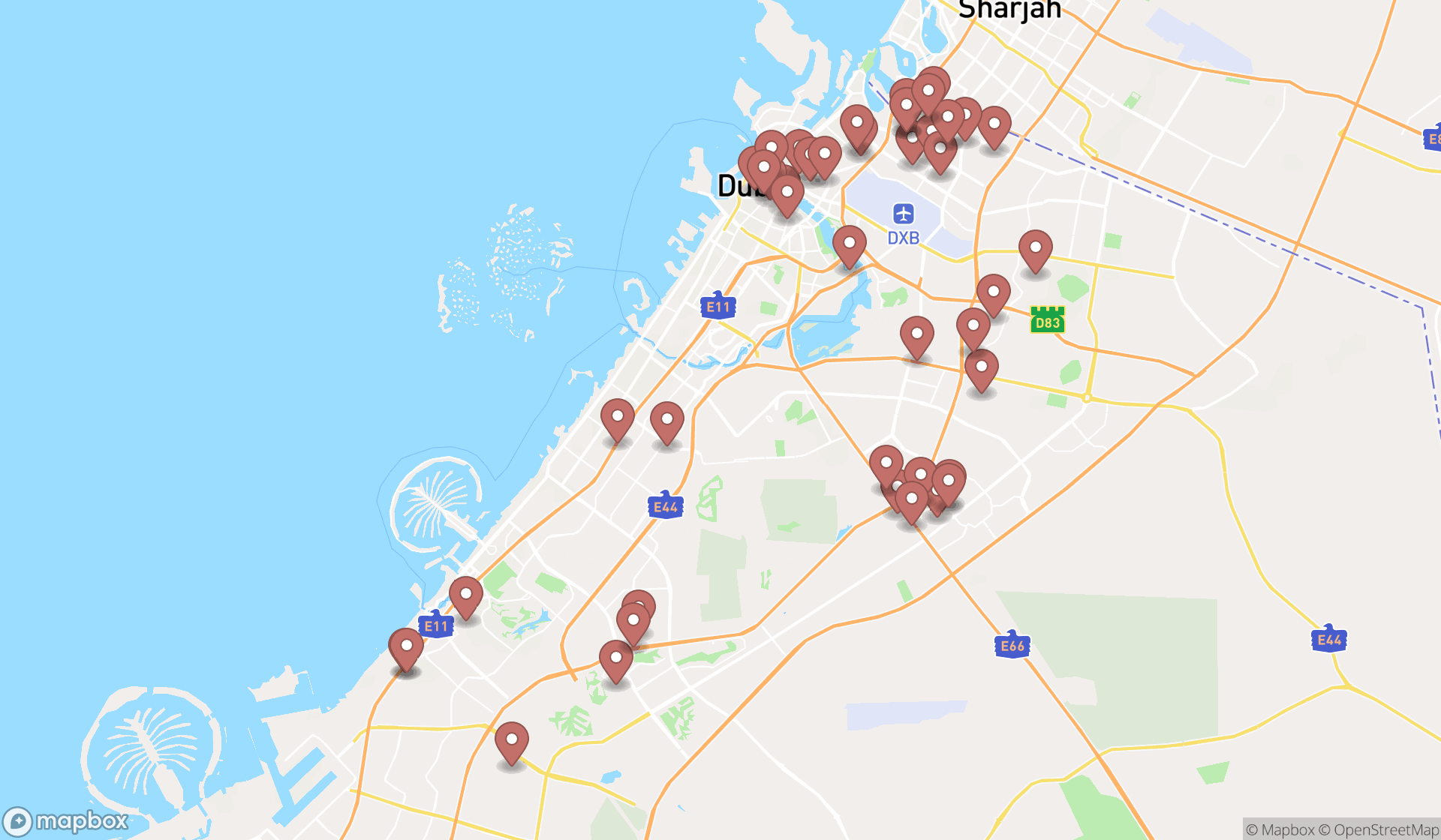 Map showing the search results in Dubai