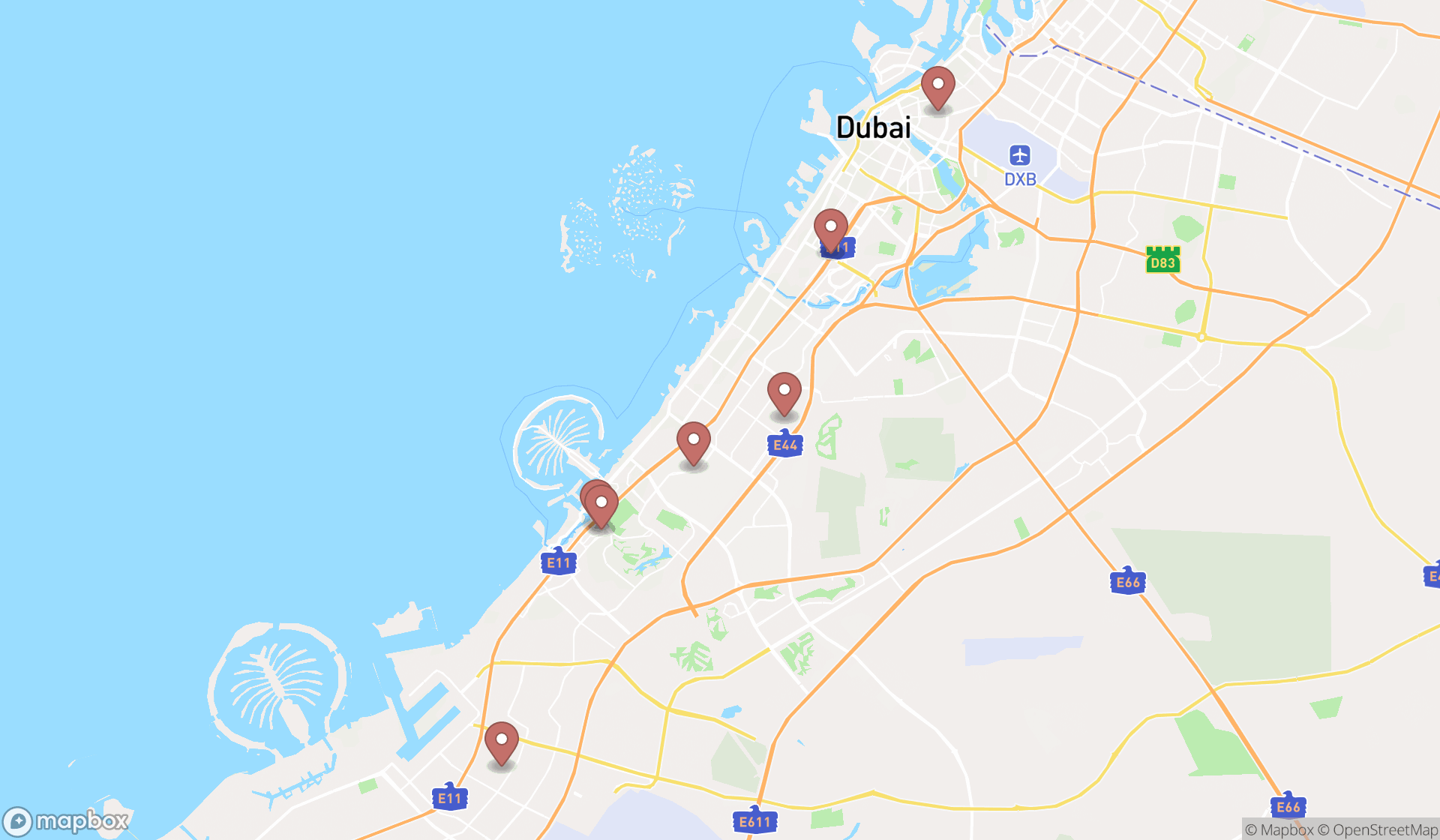 Map showing the search results in Dubai