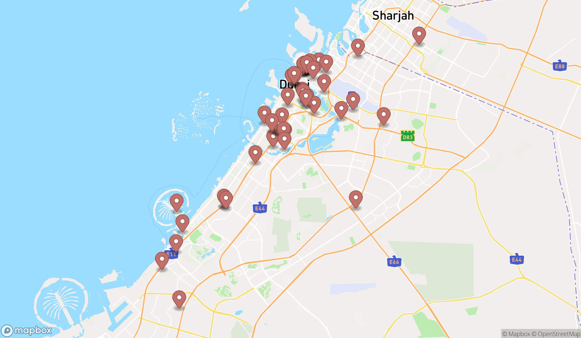 Map showing the search results in Dubai