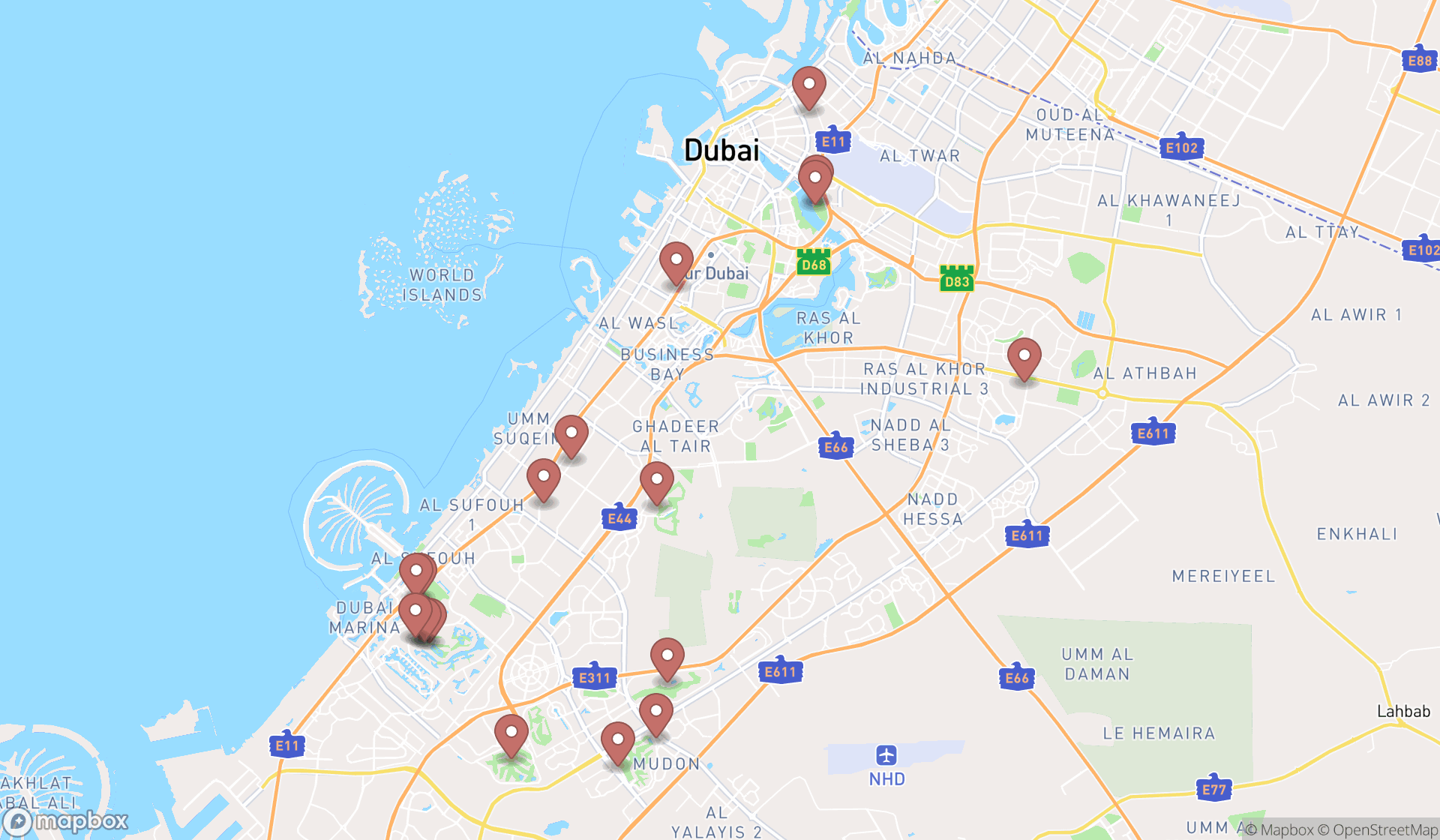 Map showing the search results in Dubai
