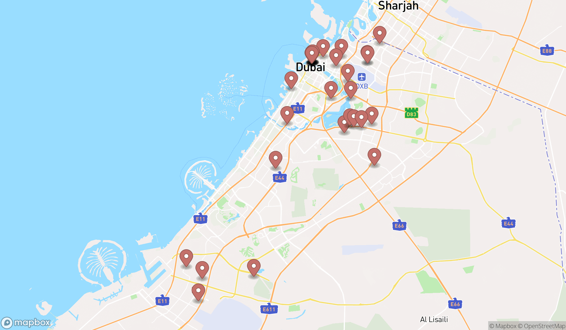 Map showing the search results in Dubai