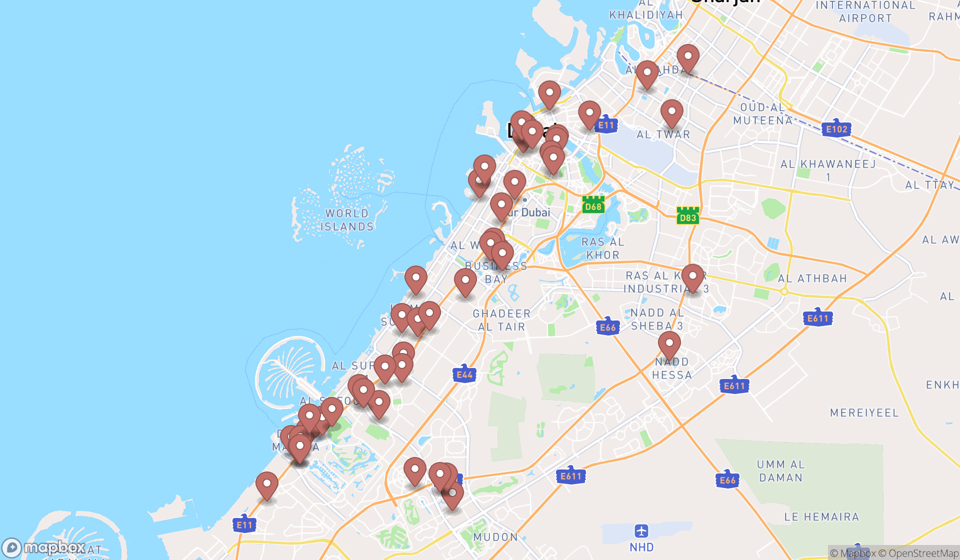 Map showing the search results in Dubai