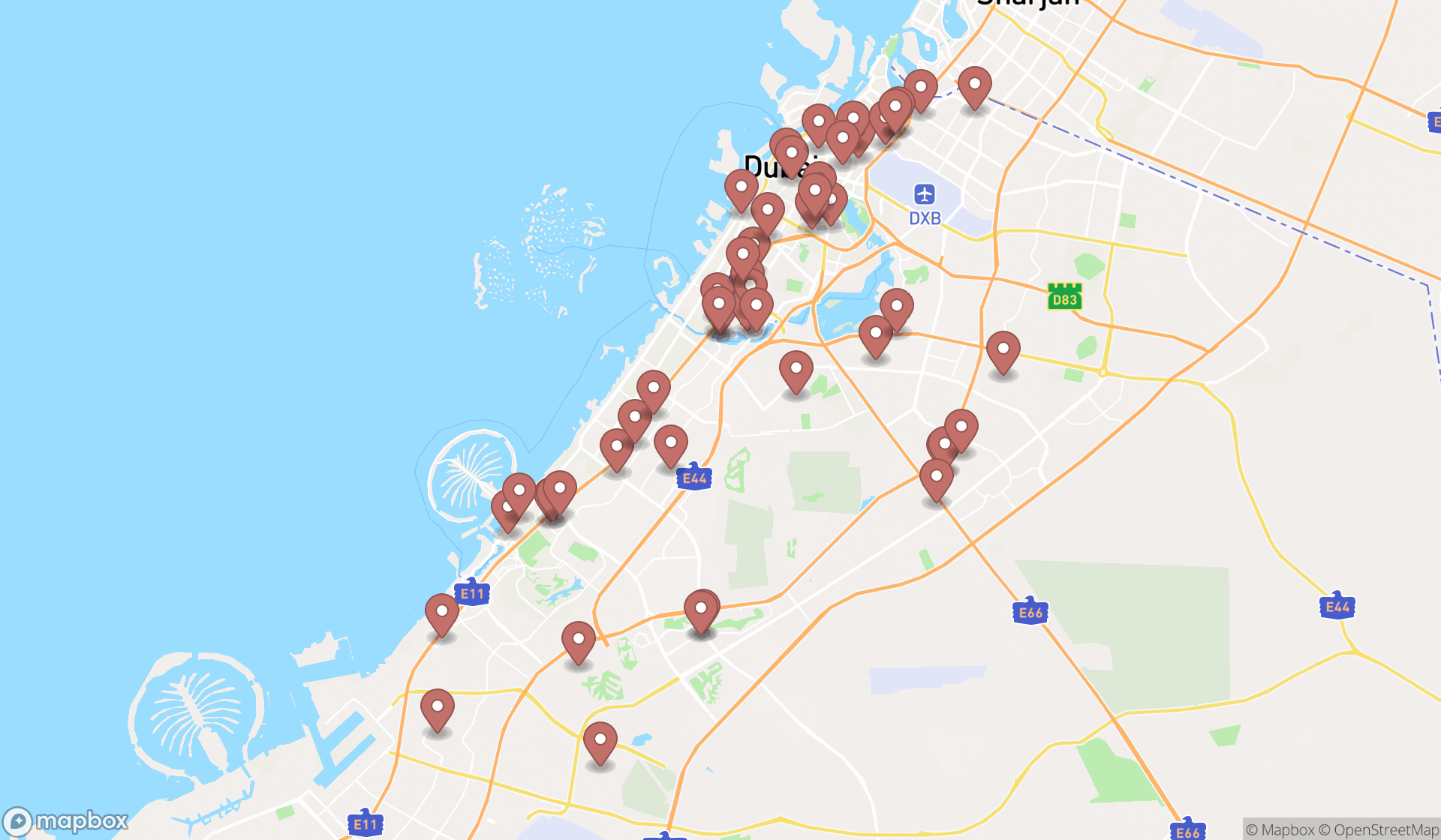 Map showing the search results in Dubai