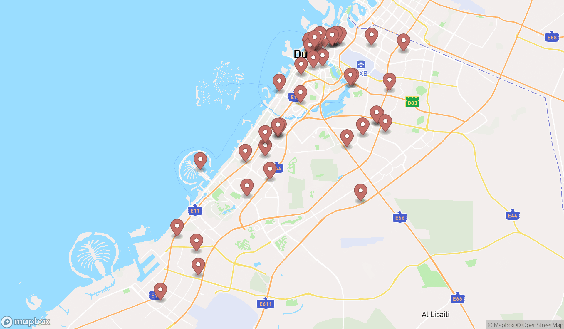 Map showing the search results in Dubai