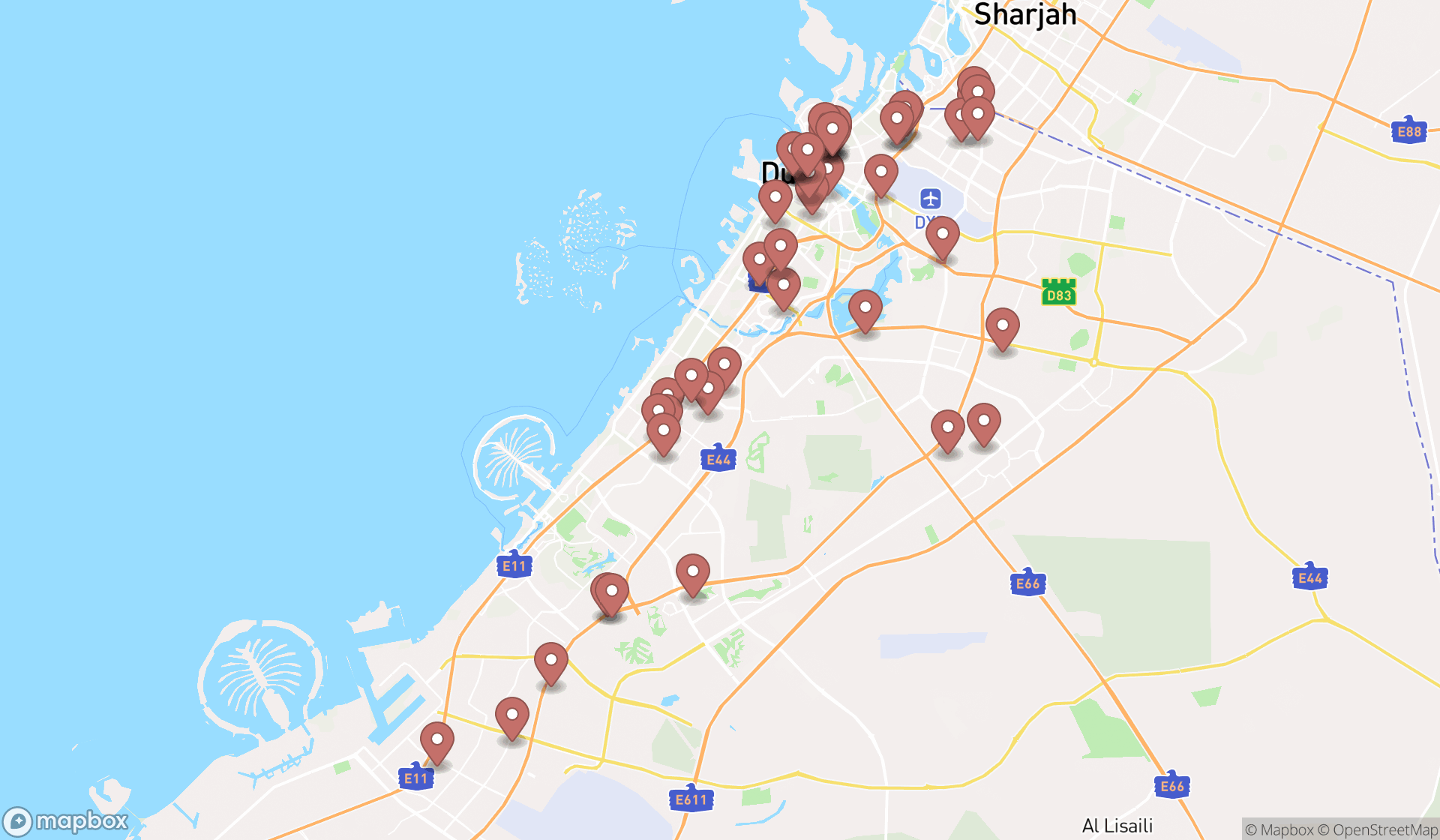 Map showing the search results in Dubai