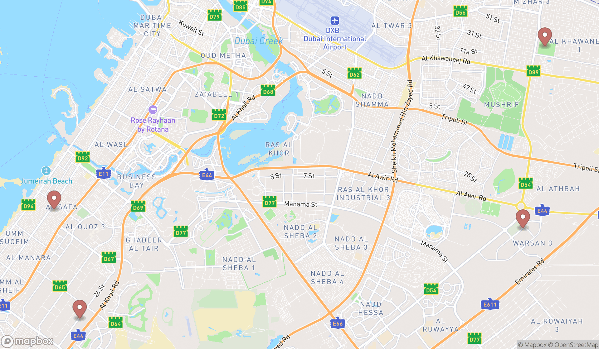 Map showing the search results in Dubai