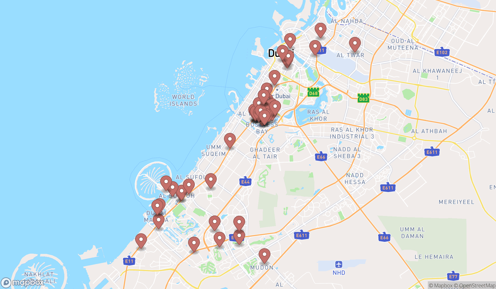 Map showing the search results in Dubai