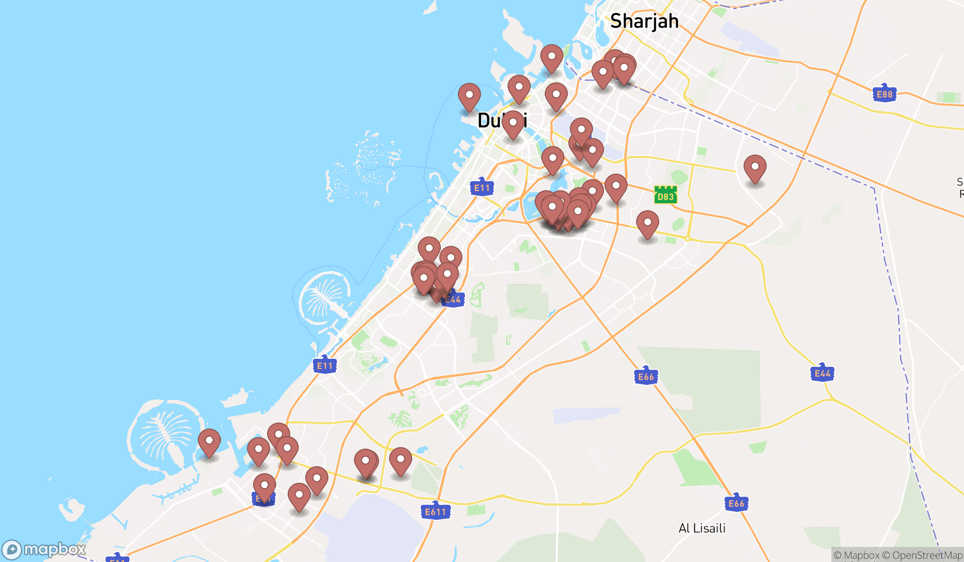 Map showing the search results in Dubai