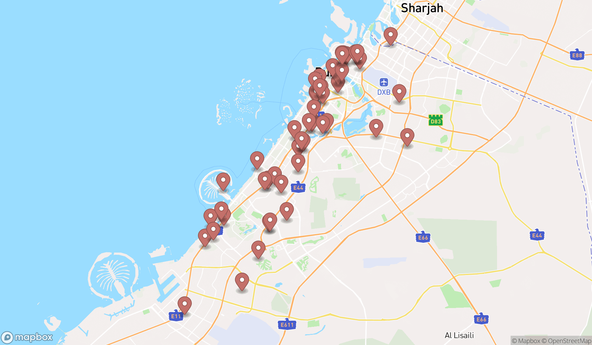 Map showing the search results in Dubai
