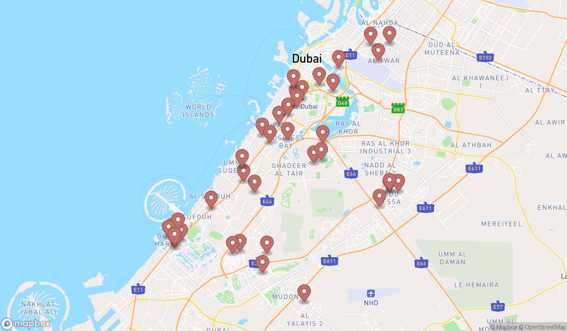 Map showing the search results in Dubai