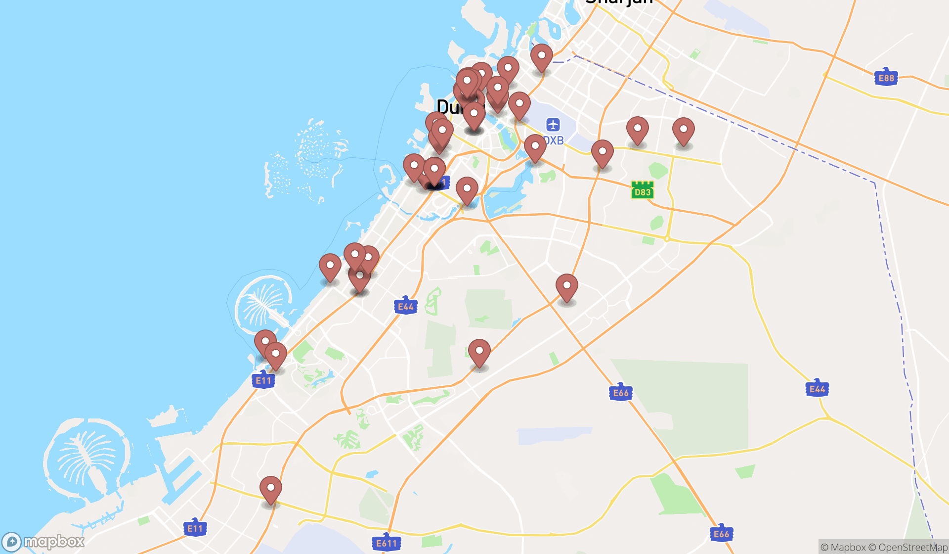 Map showing the search results in Dubai