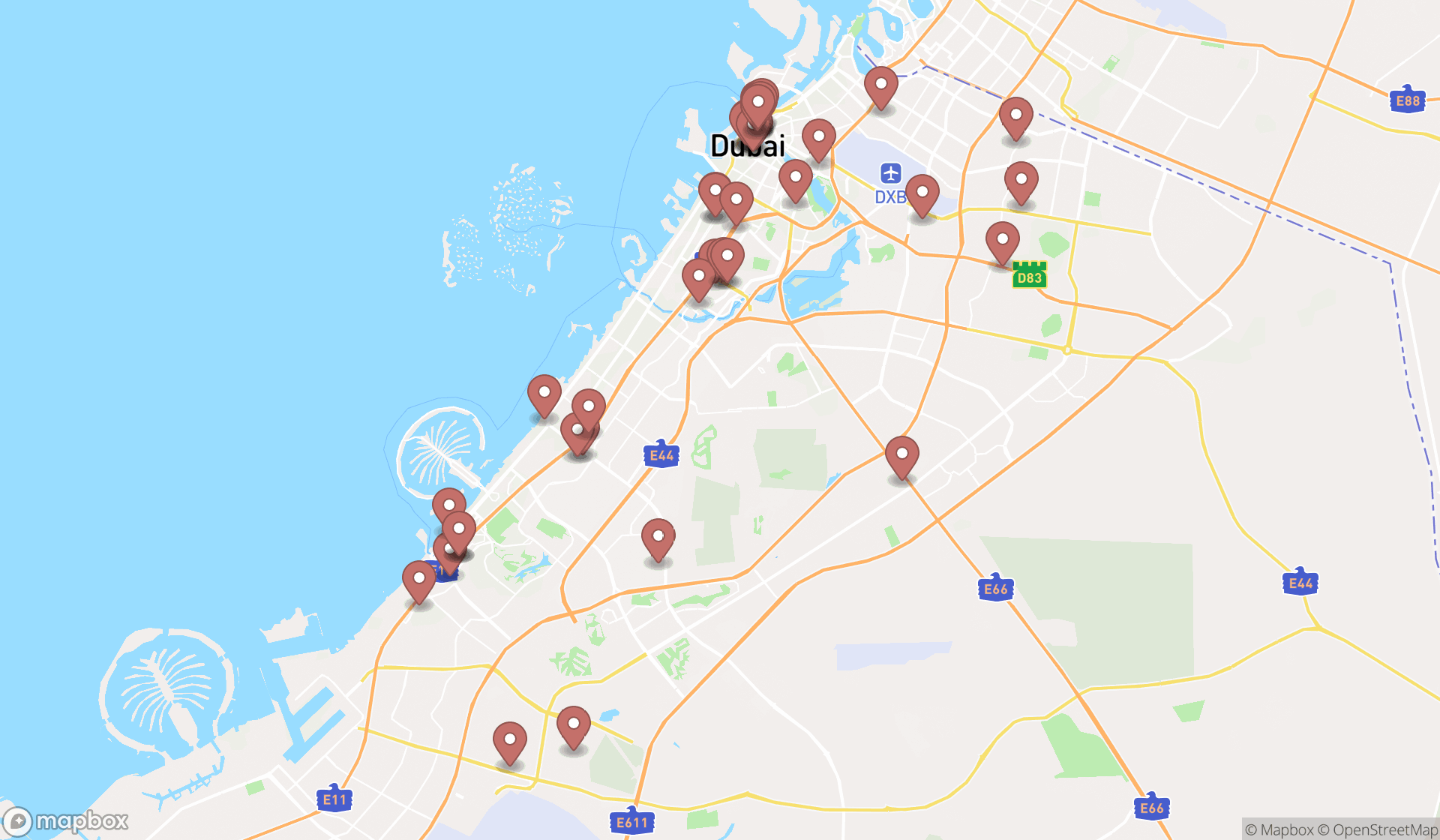 Map showing the search results in Dubai