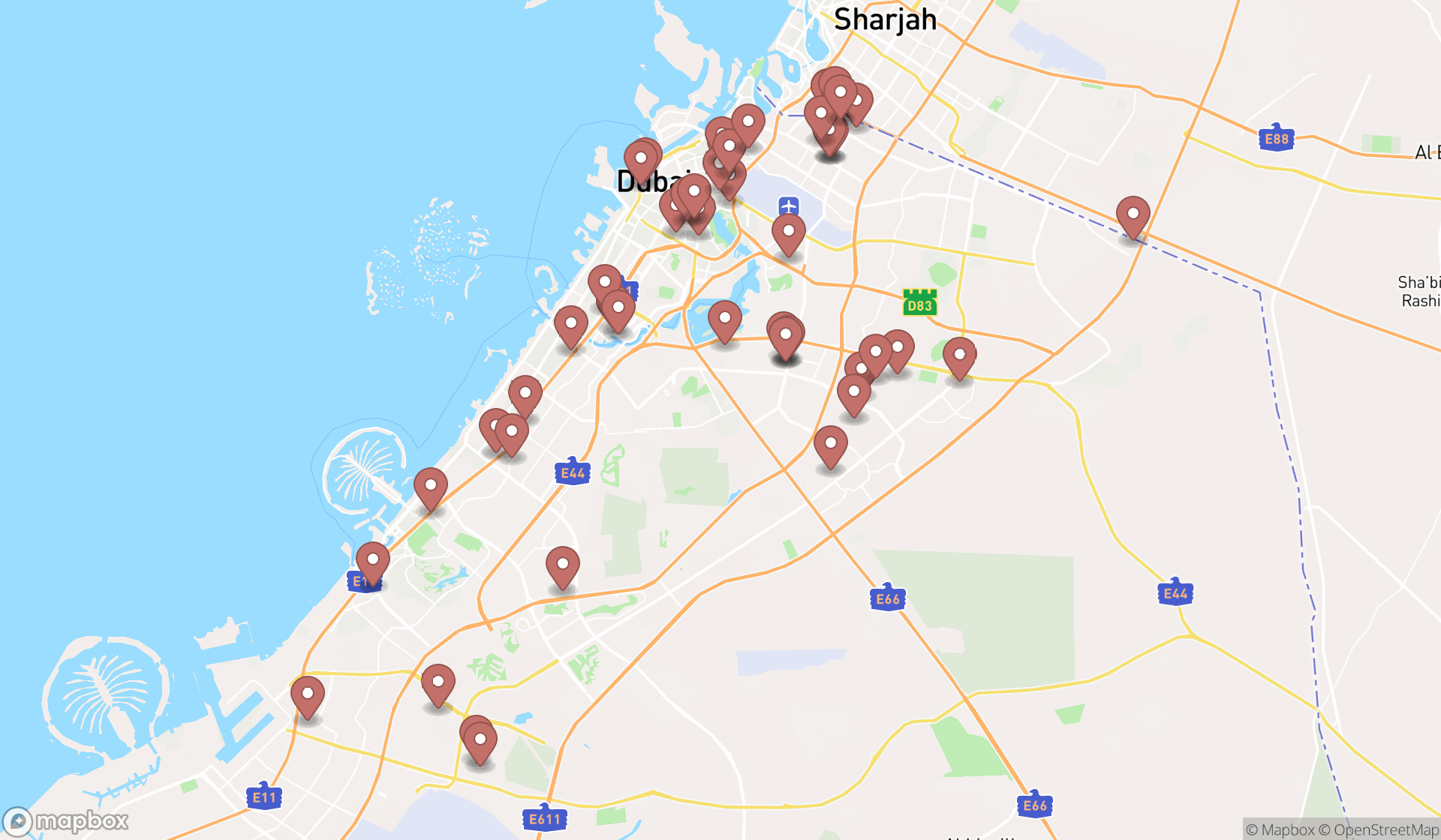 Map showing the search results in Dubai