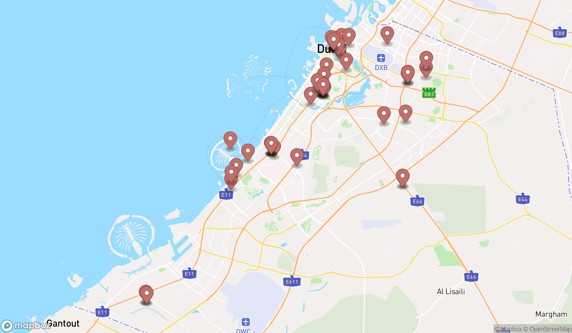 Map showing the search results in Dubai