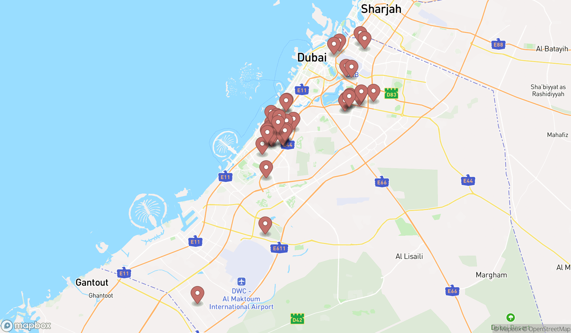 Map showing the search results in Dubai