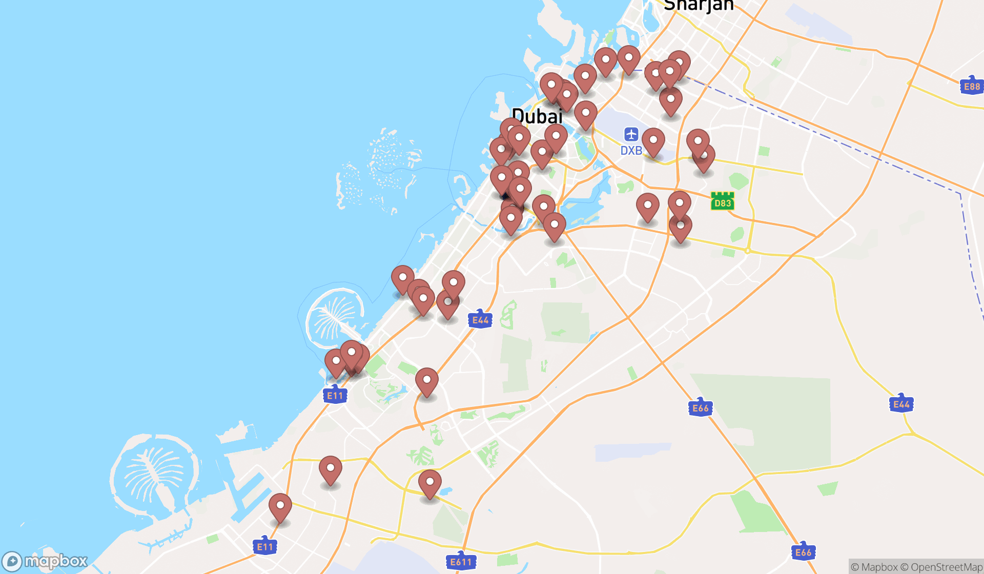 Map showing the search results in Dubai