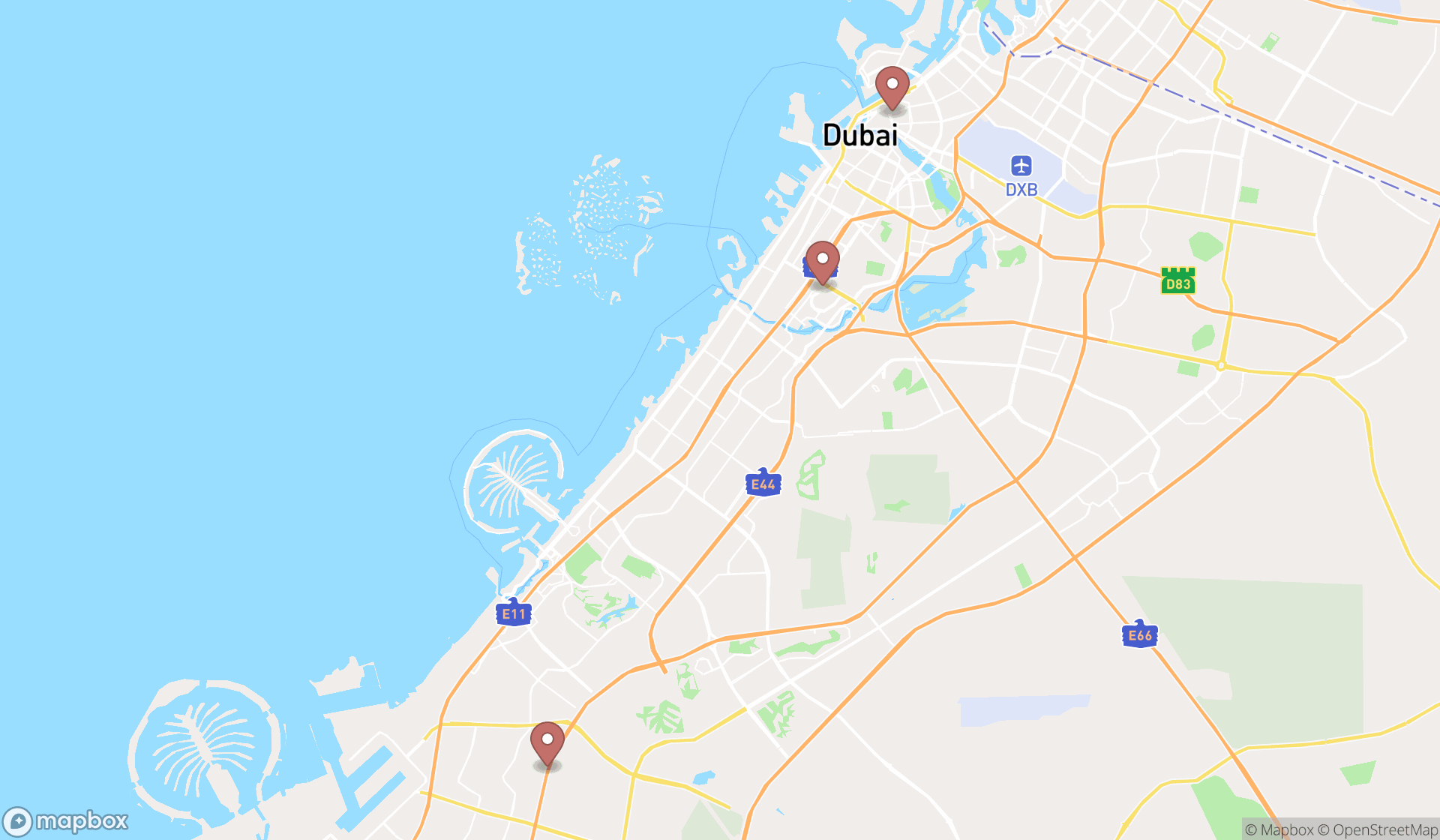 Map showing the search results in Dubai