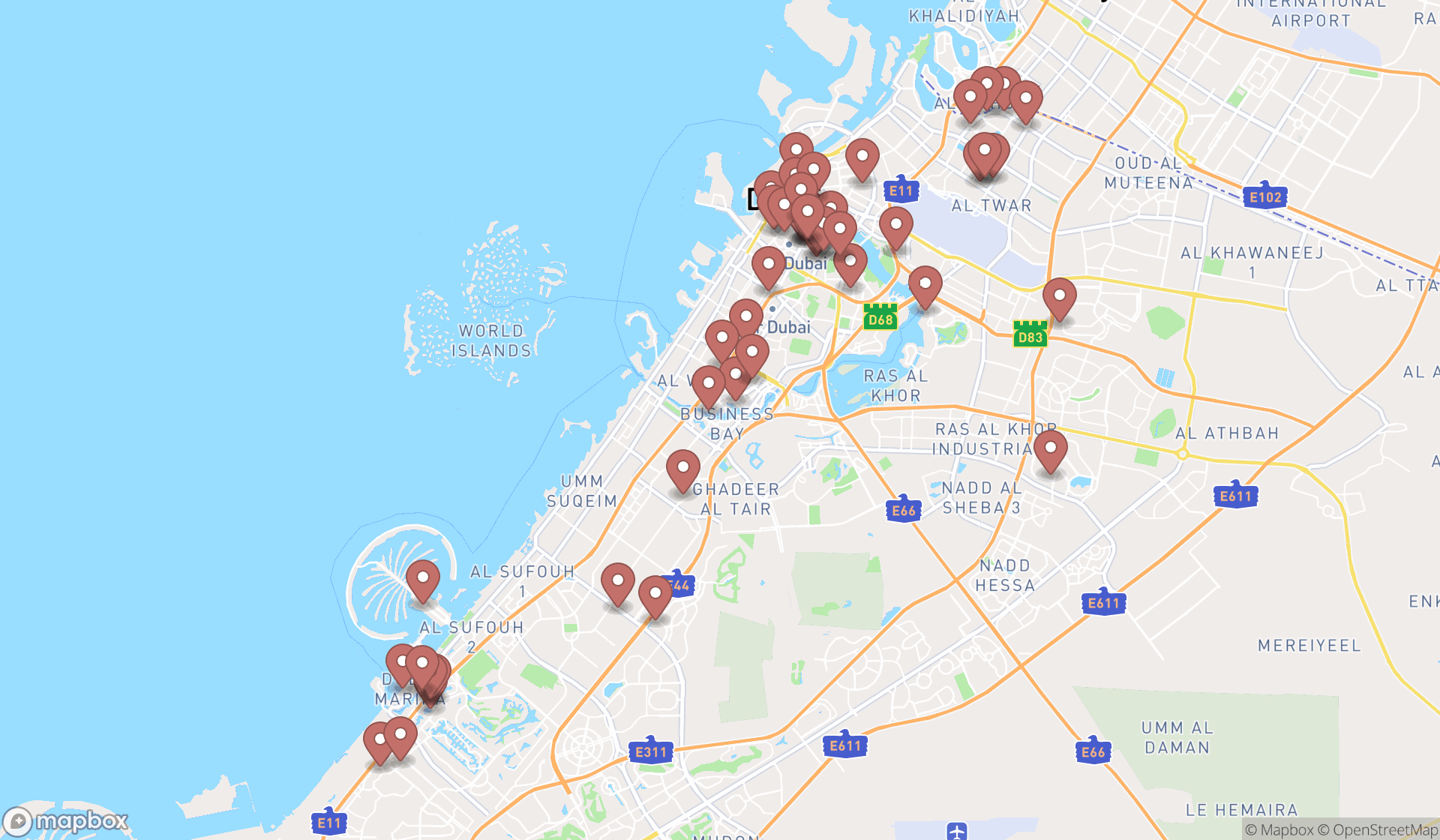 Map showing the search results in Dubai