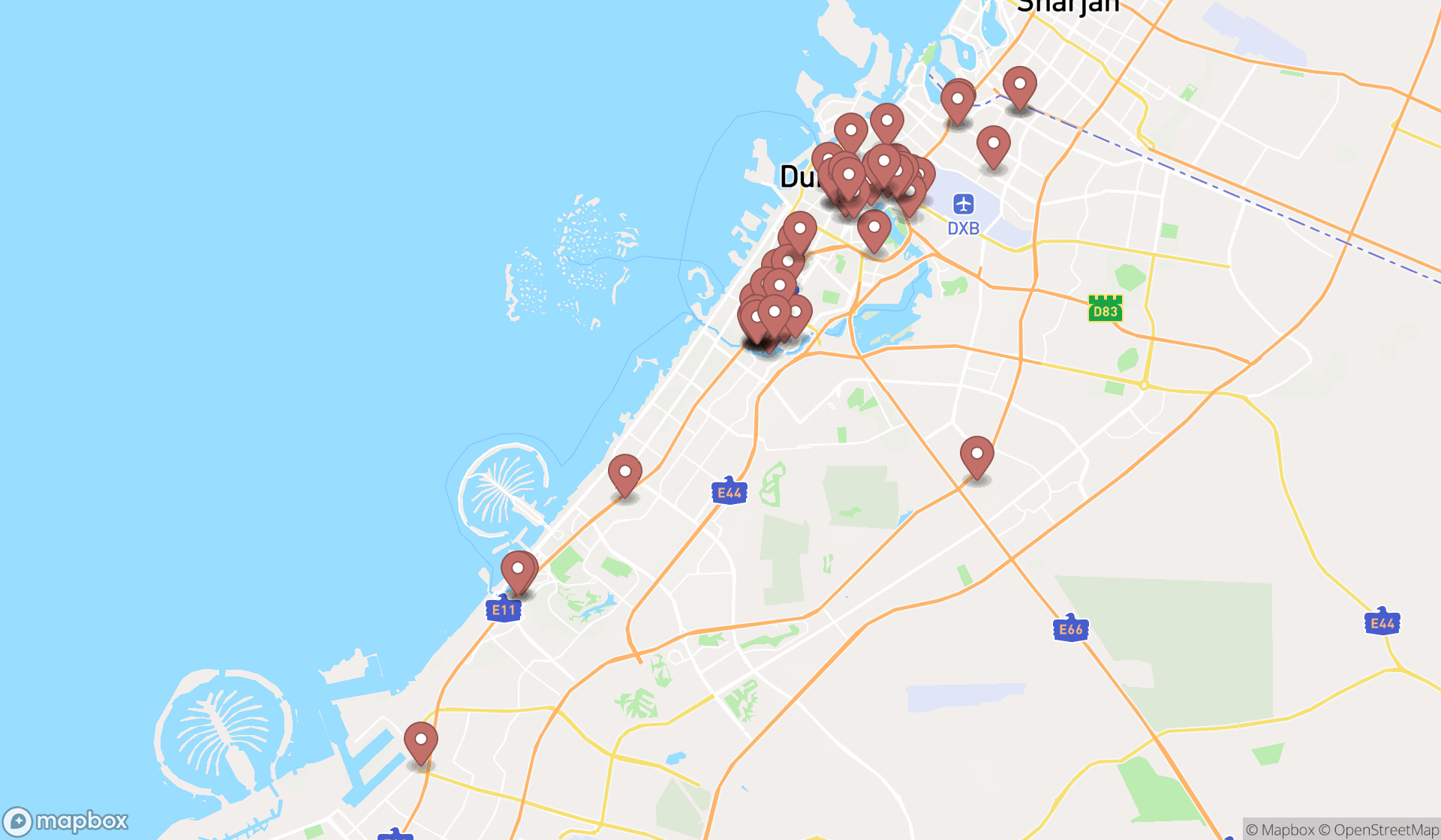Map showing the search results in Dubai