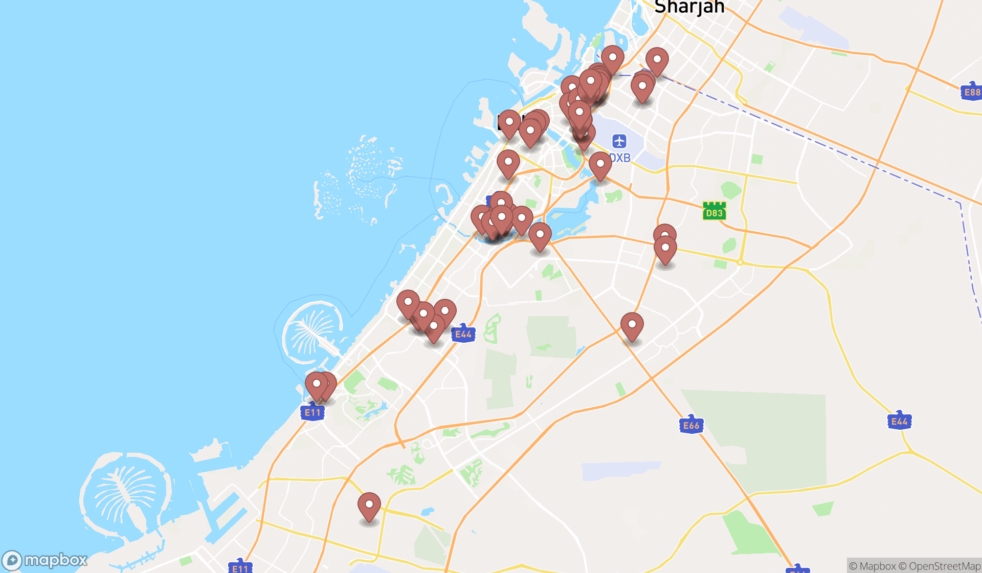 Map showing the search results in Dubai