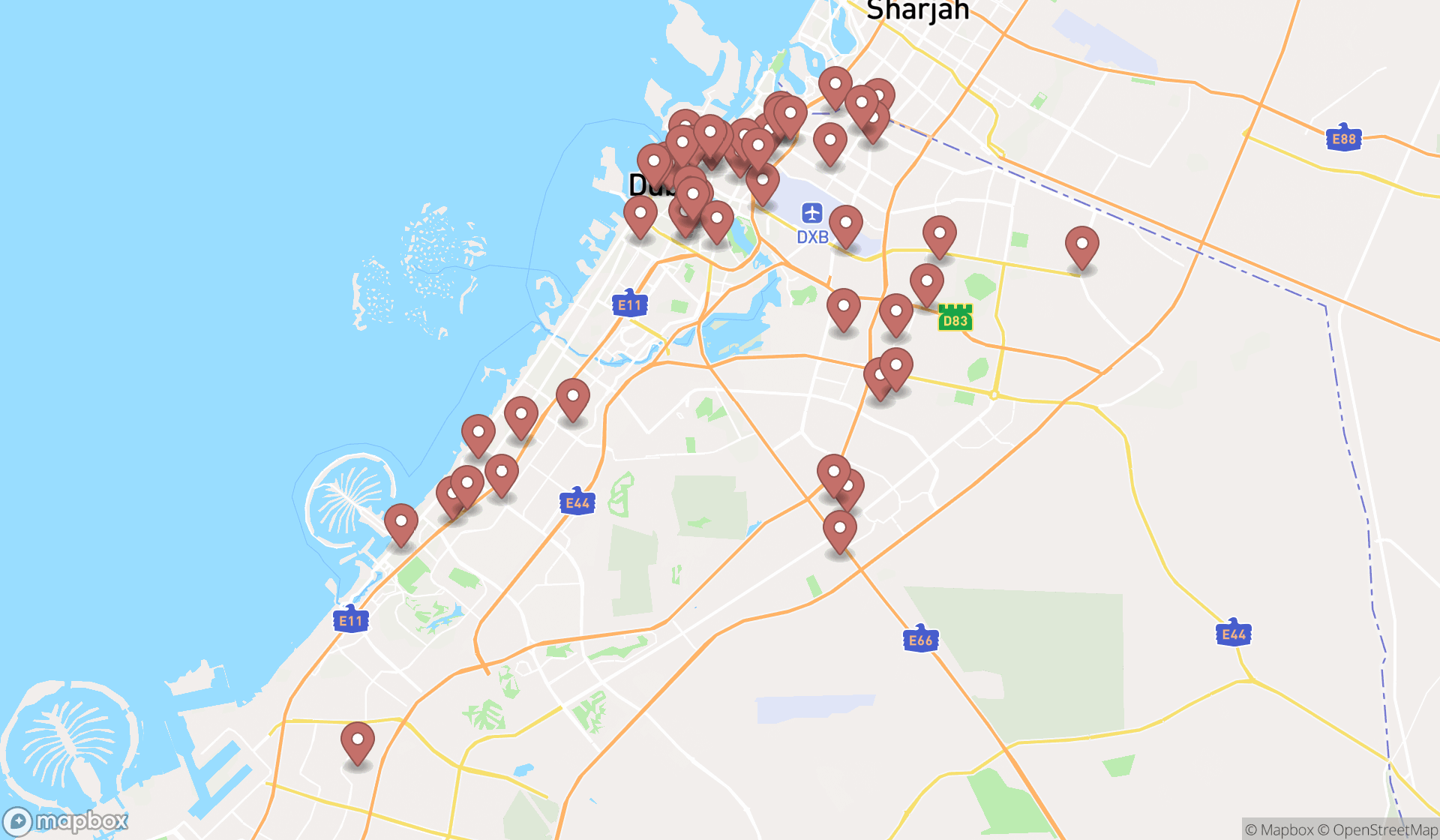Map showing the search results in Dubai