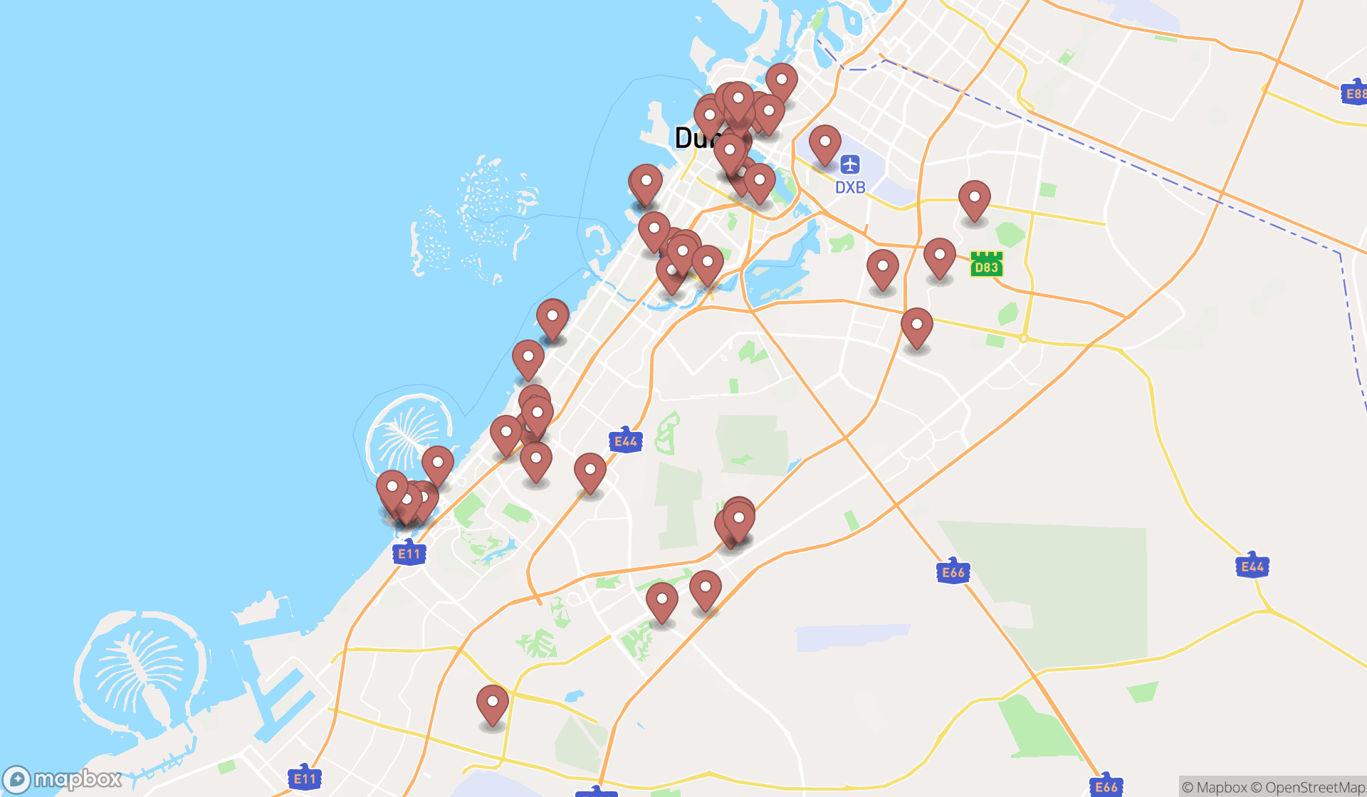 Map showing the search results in Dubai