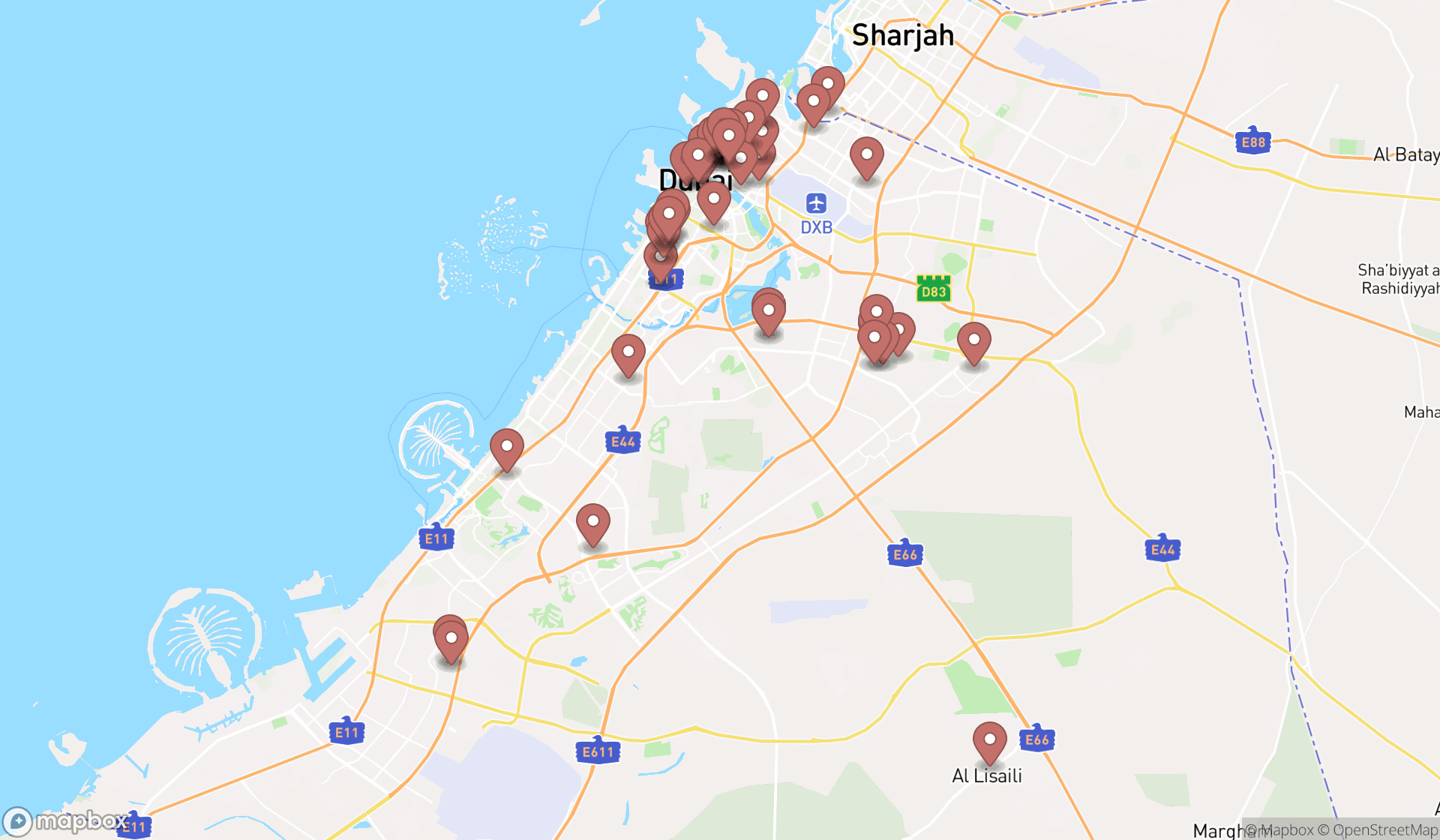 Map showing the search results in Dubai