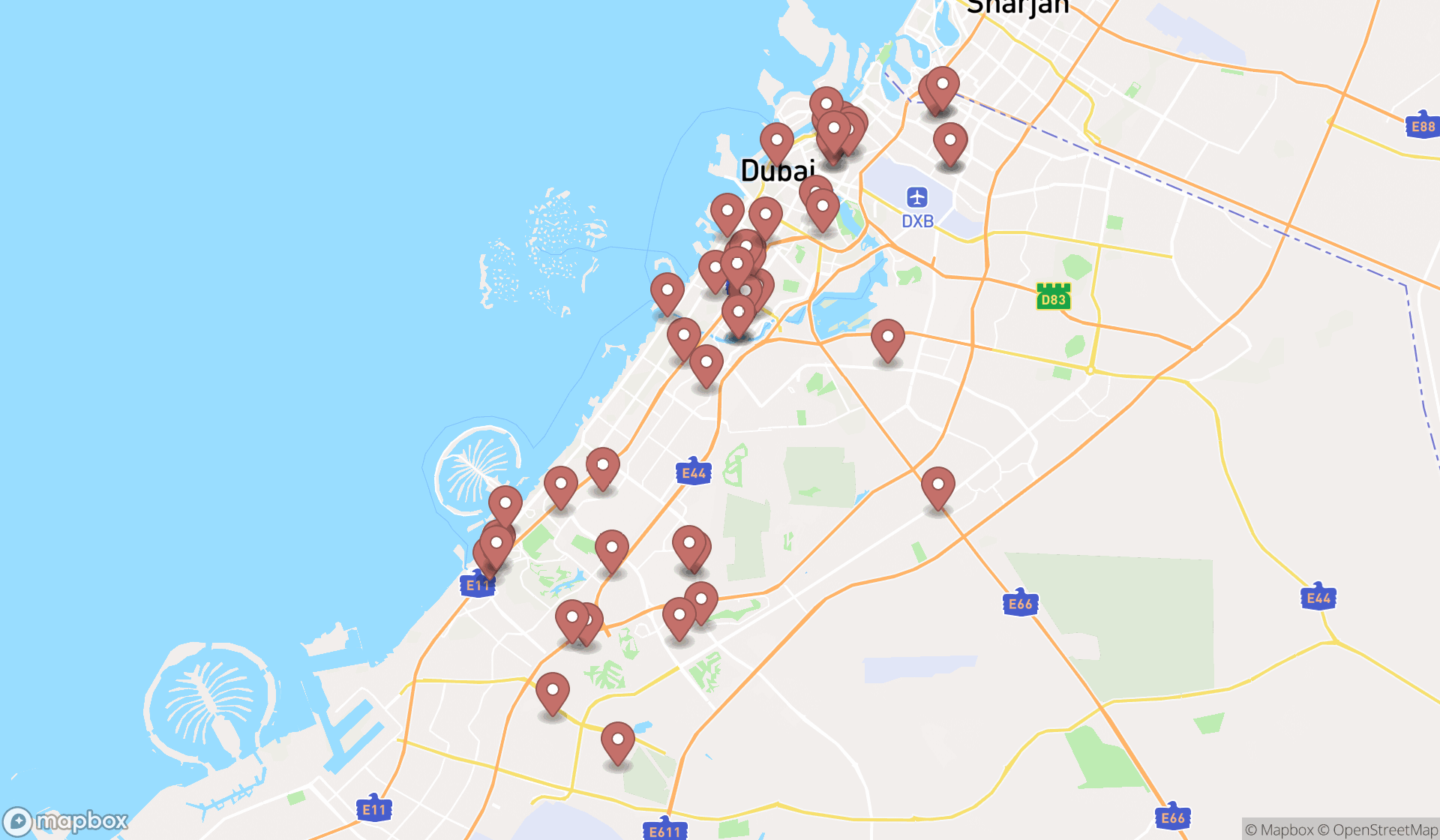 Map showing the search results in Dubai