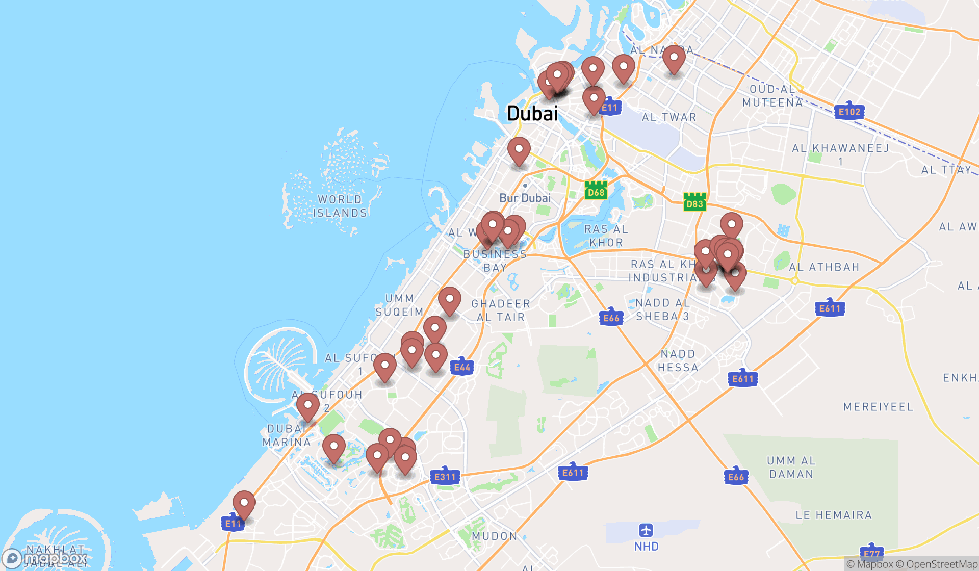 Map showing the search results in Dubai