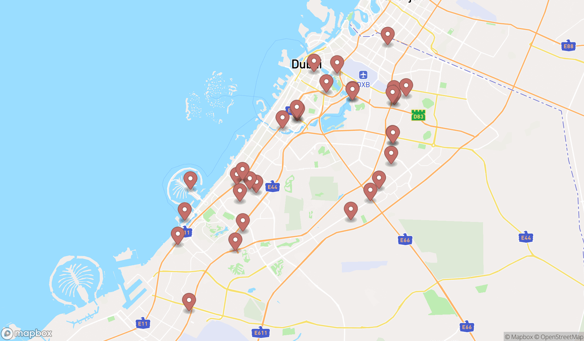 Map showing the search results in Dubai