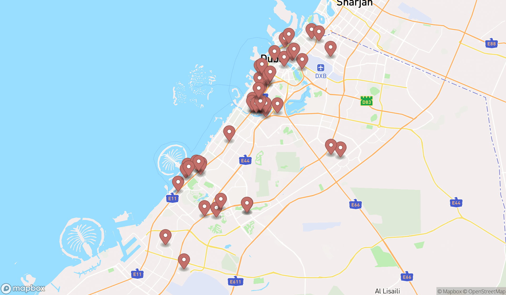 Map showing the search results in Dubai