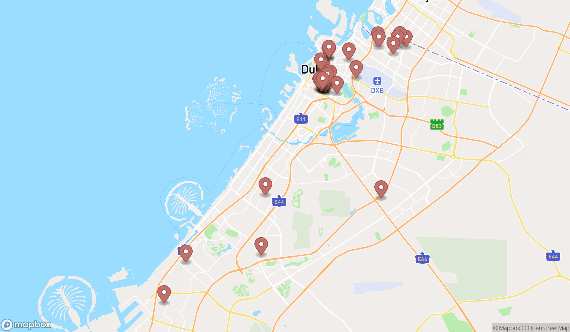 Map showing the search results in Dubai