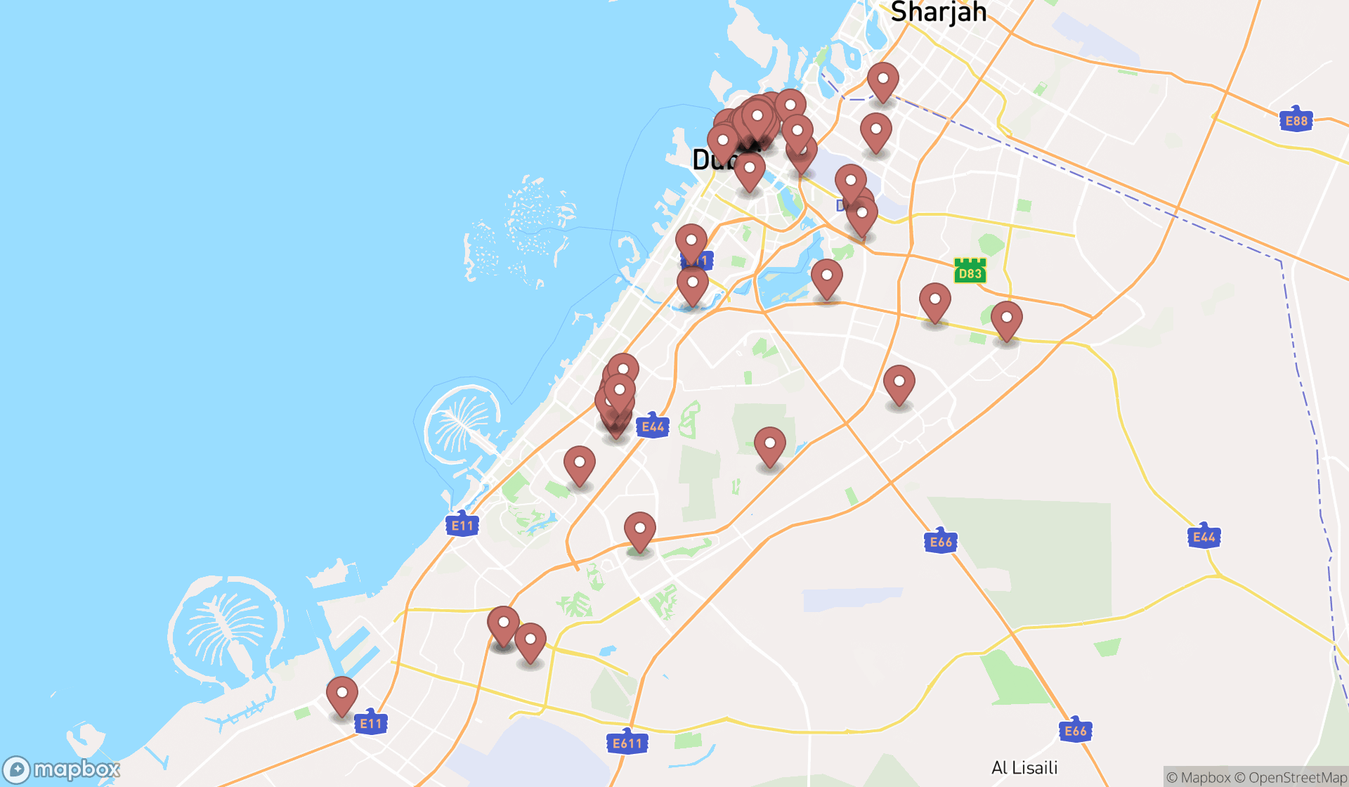 Map showing the search results in Dubai