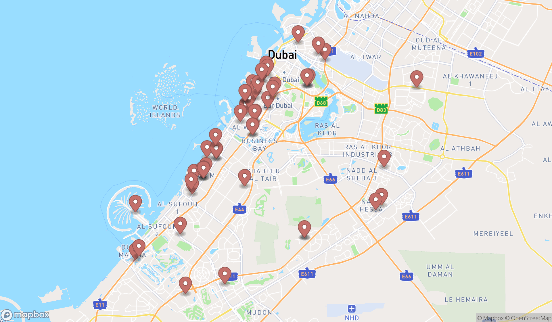 Map showing the search results in Dubai